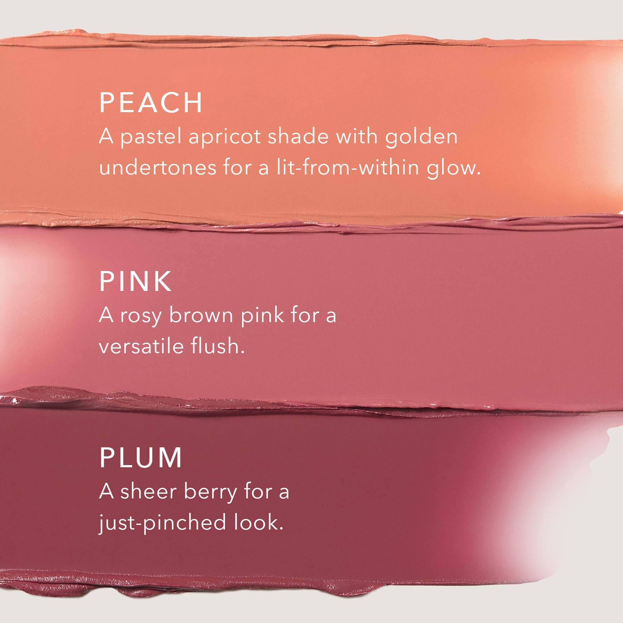 Blush swatches labeled 'Peach', 'Pink', and 'Plum' with descriptions