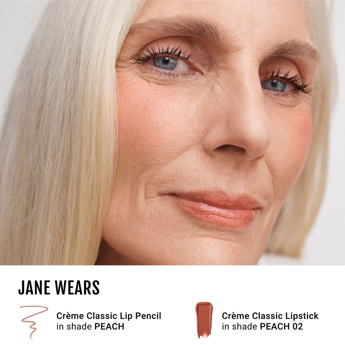 Jane wearing No Makeup Makeup Creme Classic Lip Pencil in Peach and Classic Creme Lipstick on Peach 02