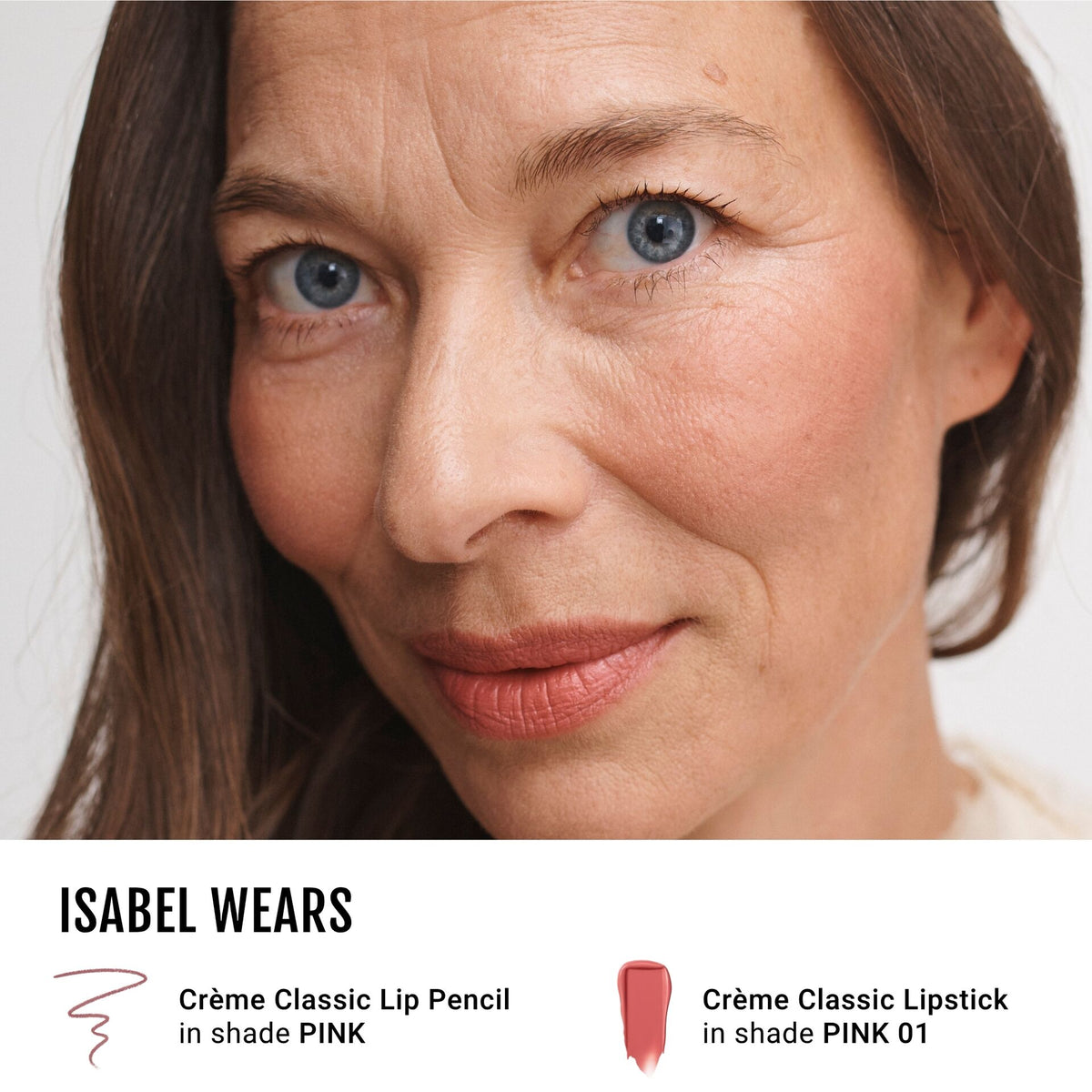Isabel wearing No Makeup Makeup Creme Classic Lip Pencil in Pink and Classic Creme Lipstick on Pink 01