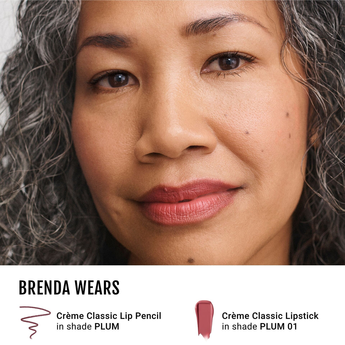 Brenda wearing No Makeup Makeup Creme Classic Lip Pencil in Plum and Classic Creme Lipstick on Plum 01