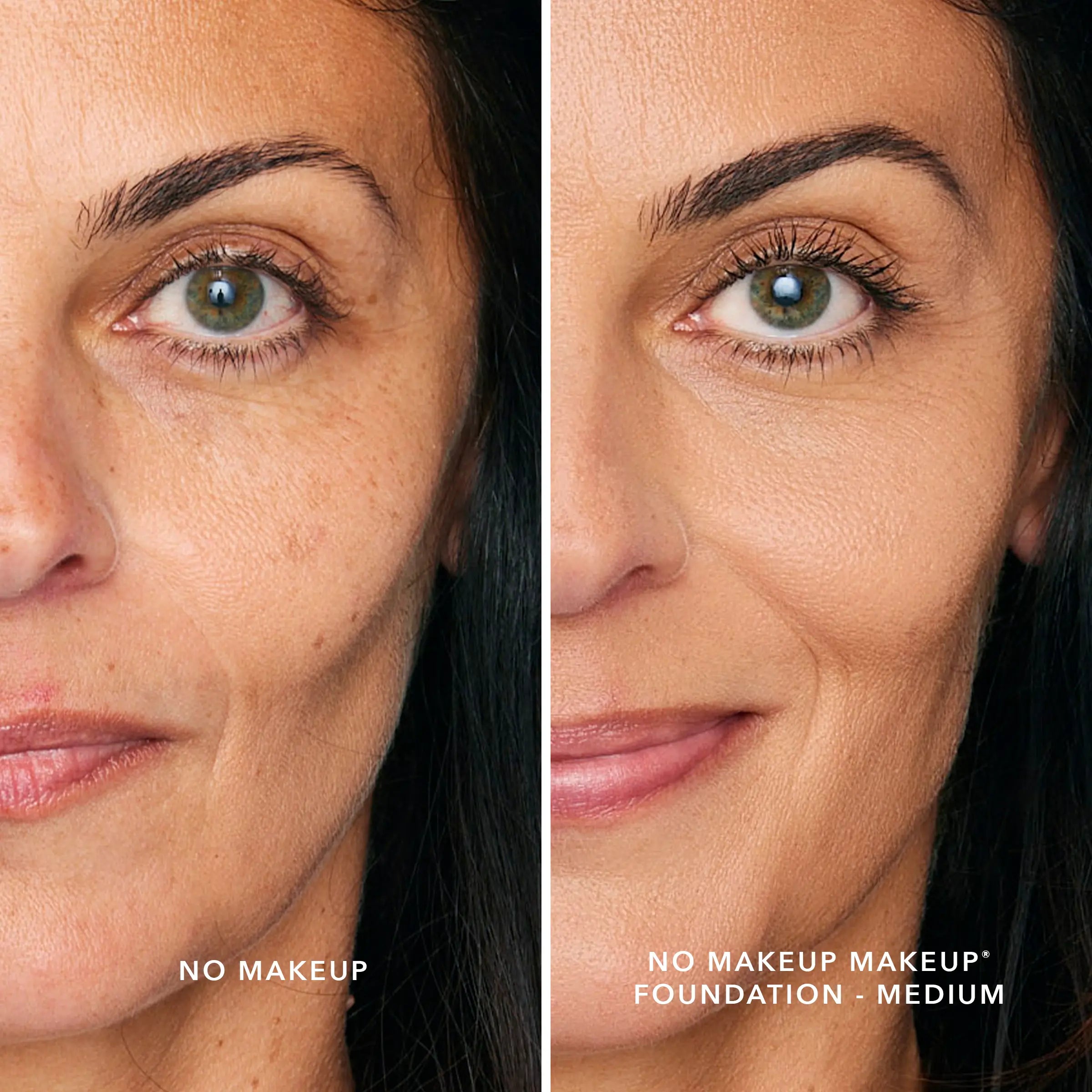 A split screen image of a woman before and after applying FlexShade Foundation by No Makeup Makeup in Medium