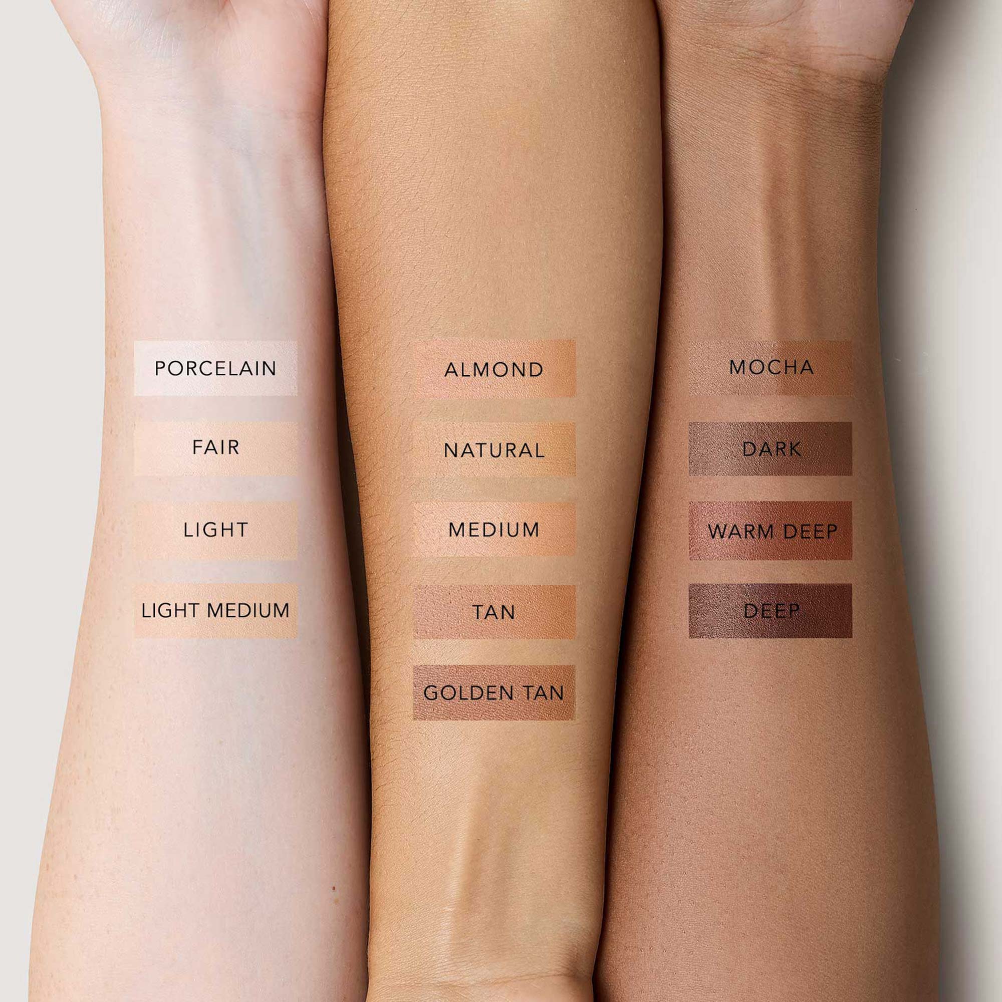Three arms featuring swatches of FlexShade Foundation by No Makeup Makeups in light, medium, and dark shades