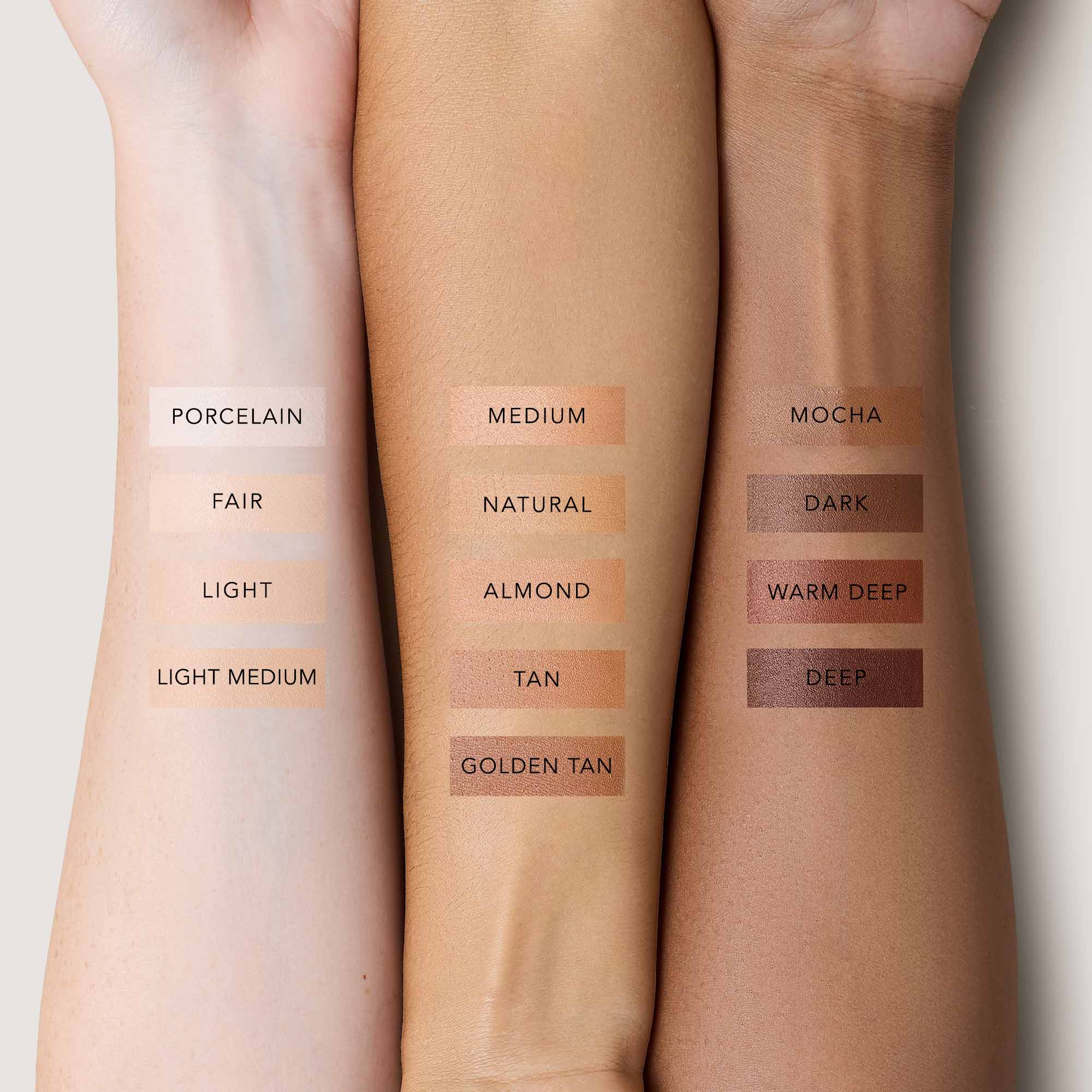 Three arms featuring swatches of FlexShade Foundation by No Makeup Makeups in light, medium, and dark shades