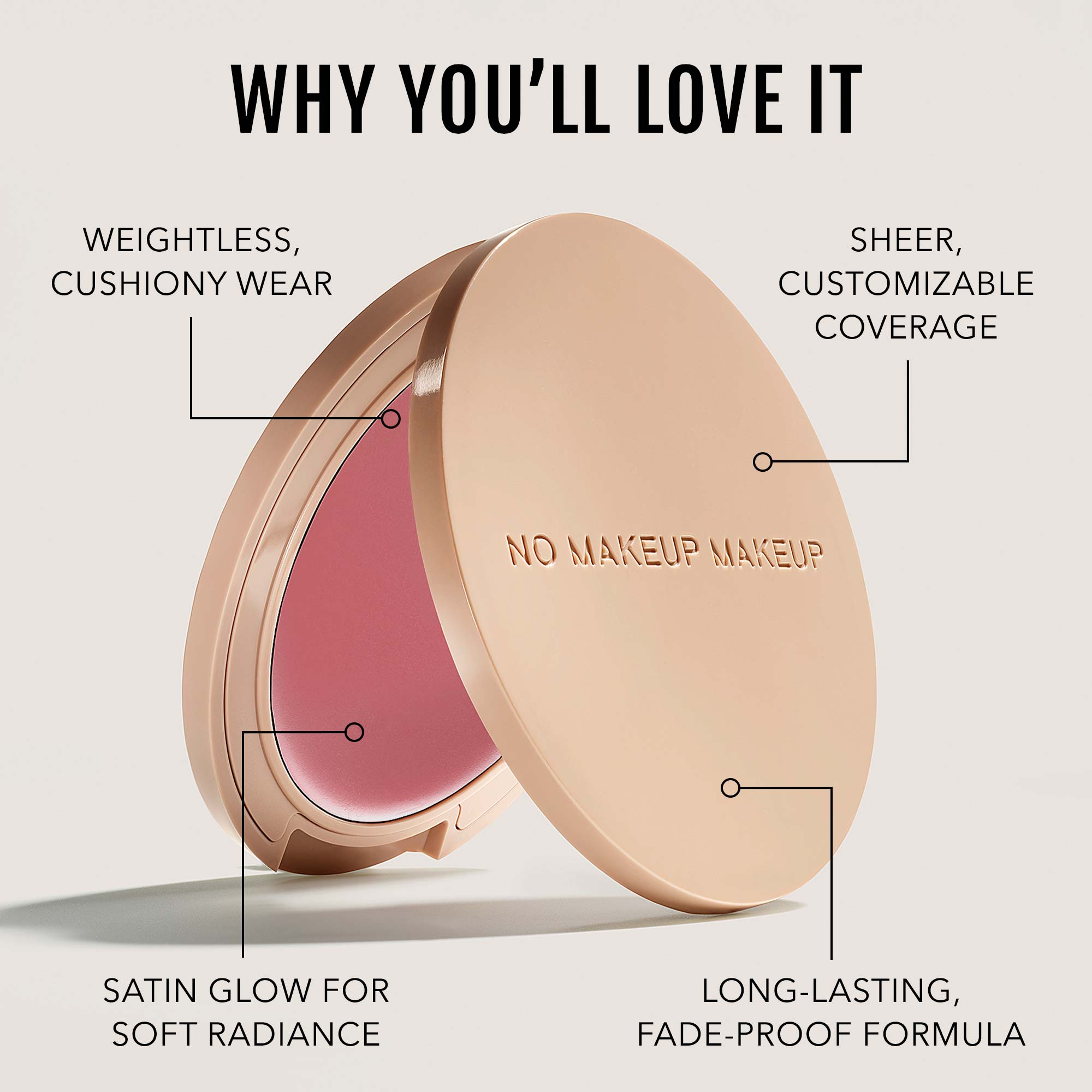Compact makeup product with open lid showing plum blush, labeled features
