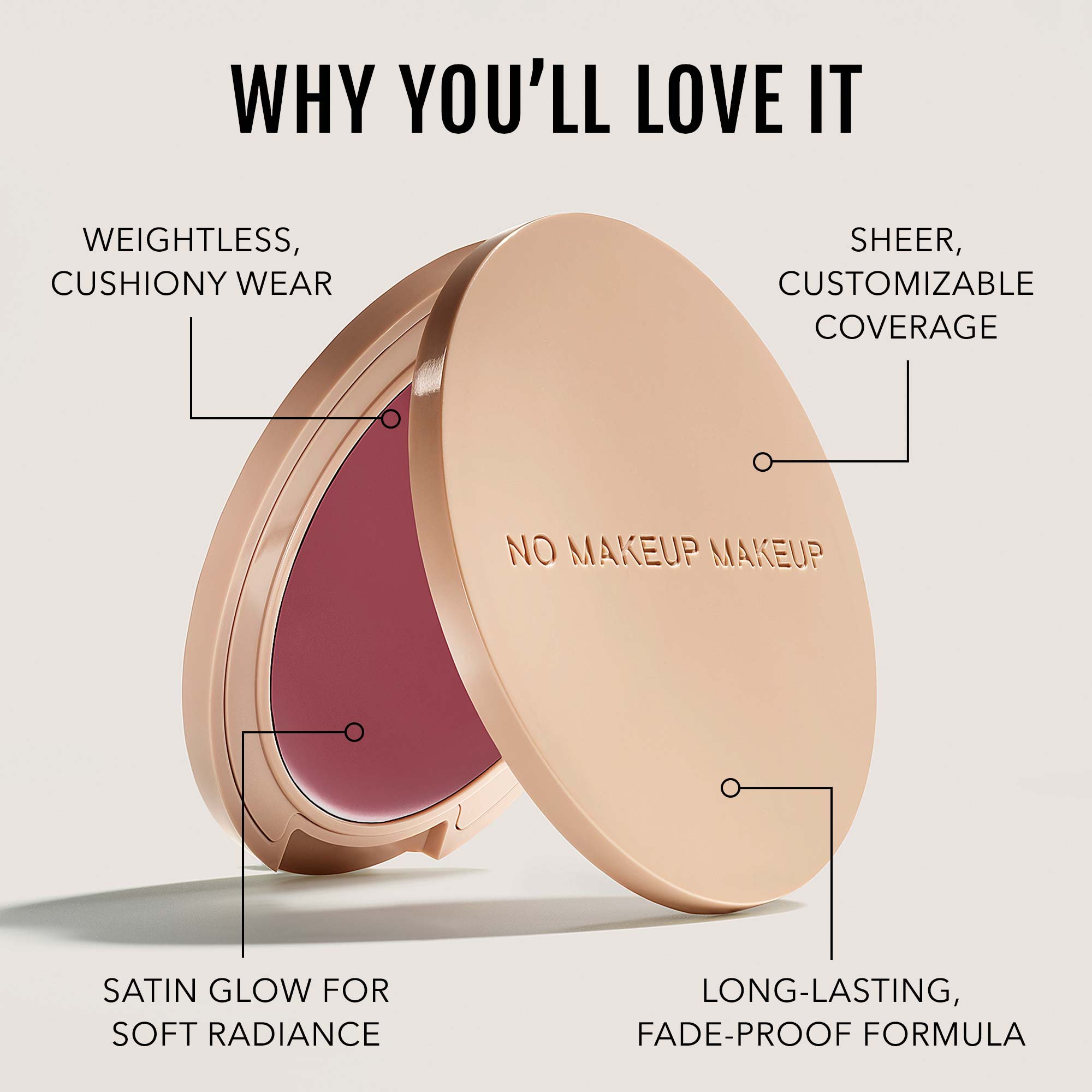 Compact makeup product with open lid showing plum blush, labeled features