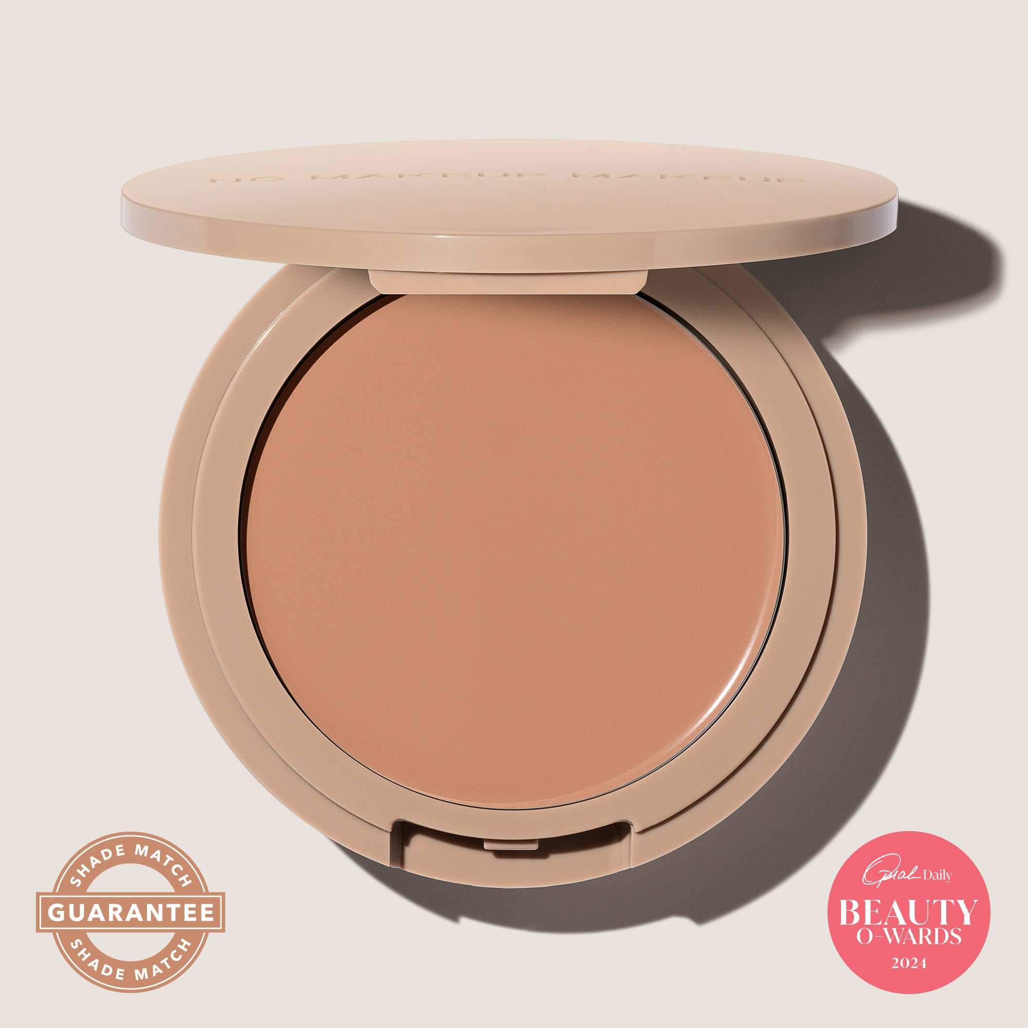 An open FlexShade Foundation by No Makeup Makeup compact in Almond with the Oprah Daily Beauty O-Wards 2024 seal