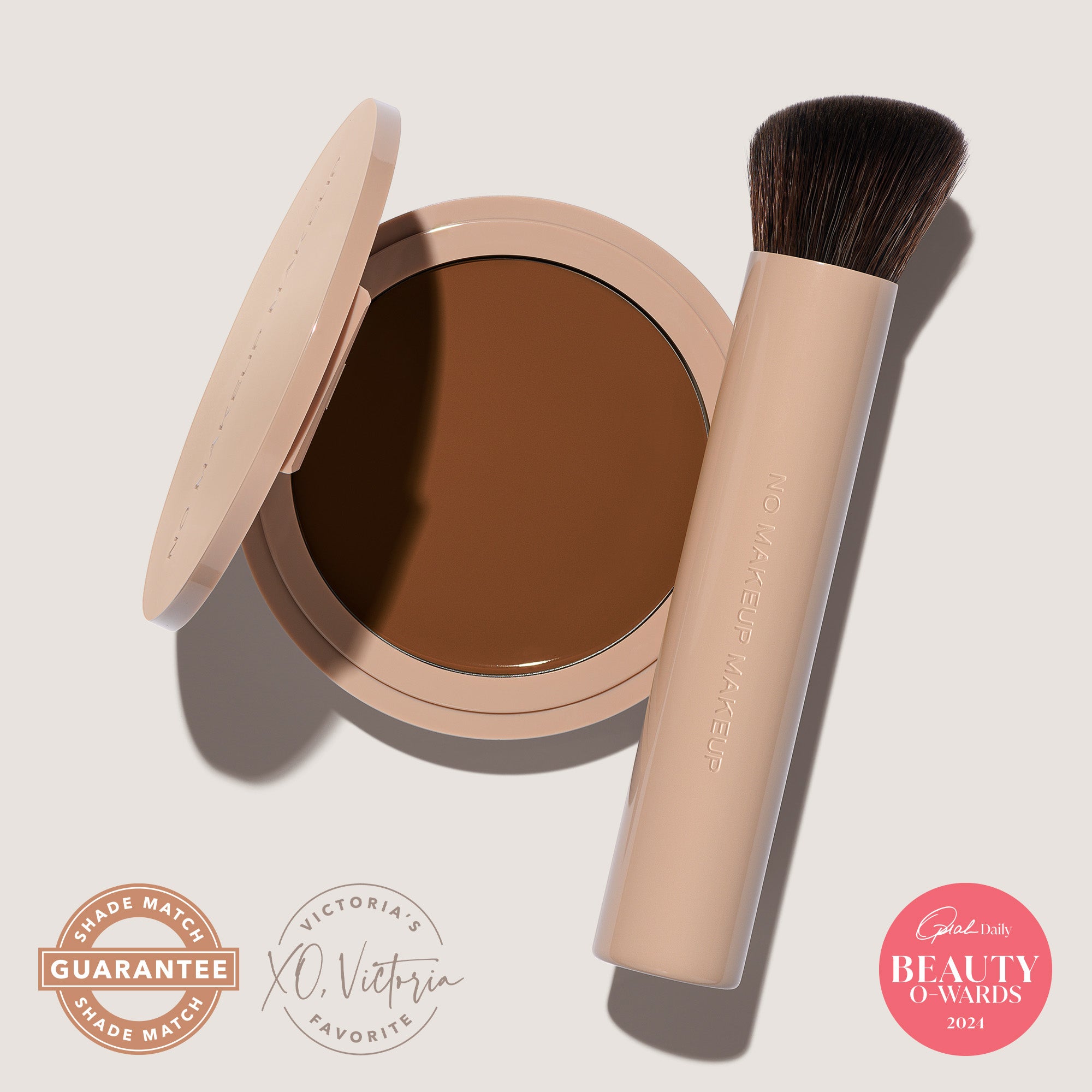 An open FlexShade Foundation by No Makeup Makeup compact in Dark and a brush with the Oprah Daily Beauty O-Wards 2024 seal