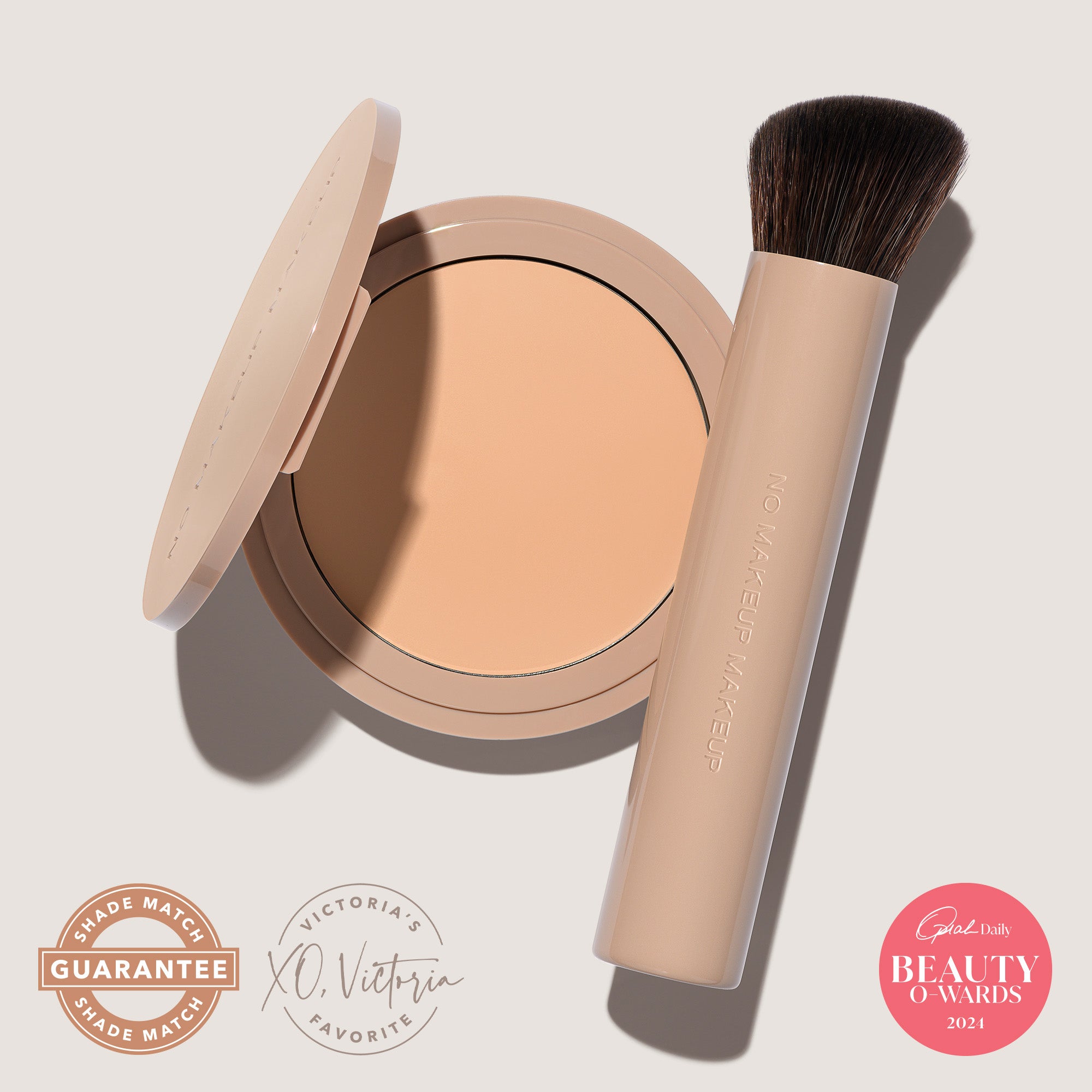 An open FlexShade Foundation by No Makeup Makeup compact in Fair and a brush with the Oprah Daily Beauty O-Wards 2024 seal
