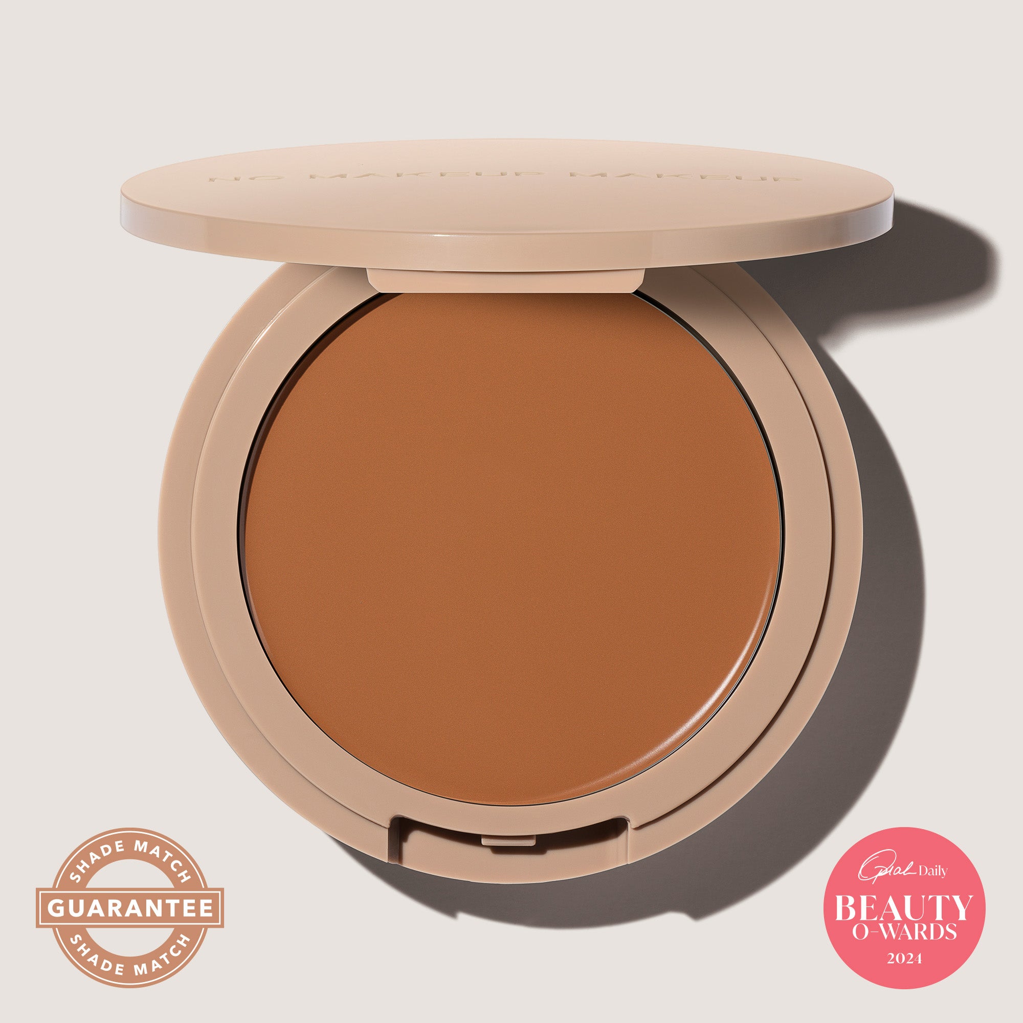 An open FlexShade Foundation by No Makeup Makeup compact in Golden Tan with the Oprah Daily Beauty O-Wards 2024 seal