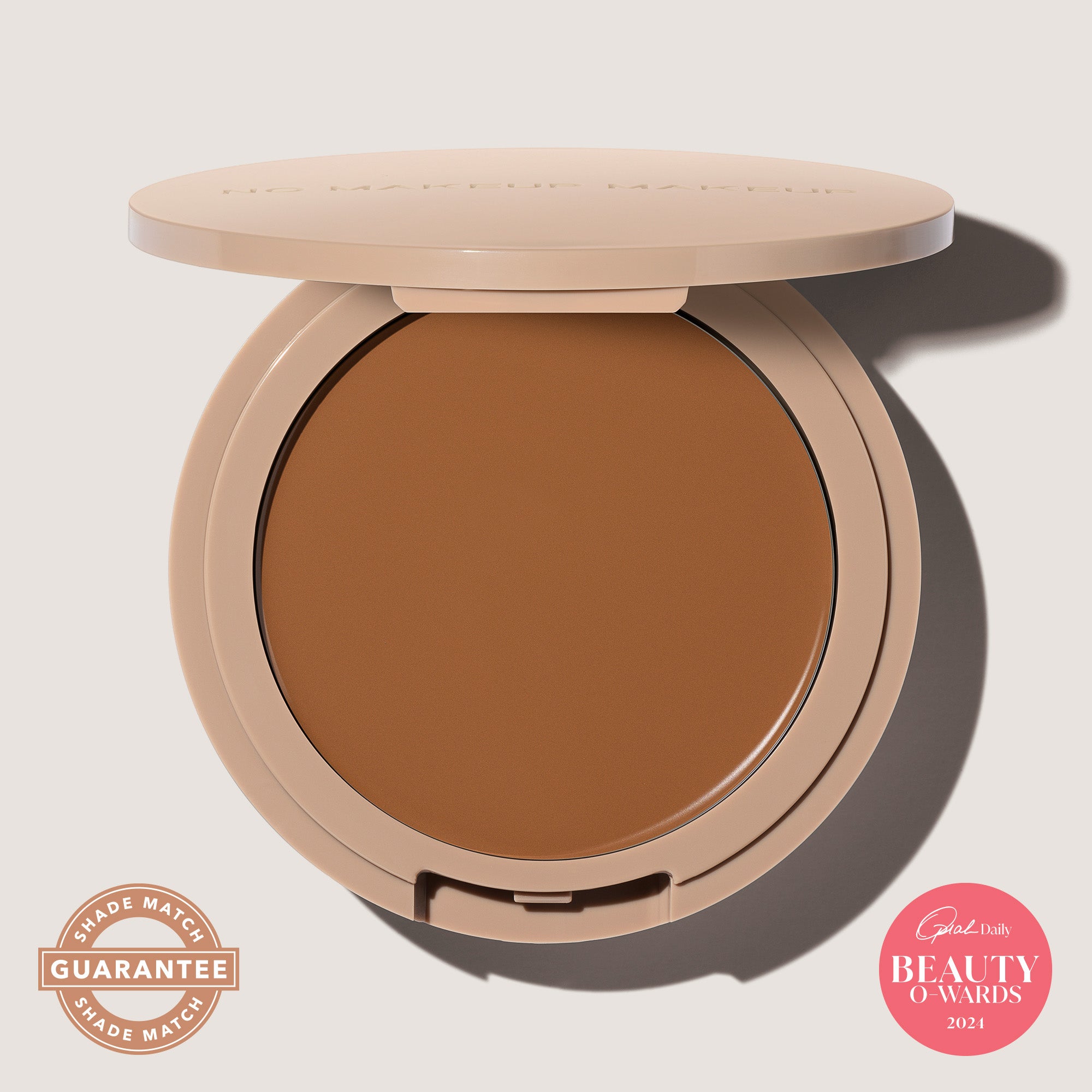 An open FlexShade Foundation by No Makeup Makeup compact in Mocha with the Oprah Daily Beauty O-Wards 2024 seal