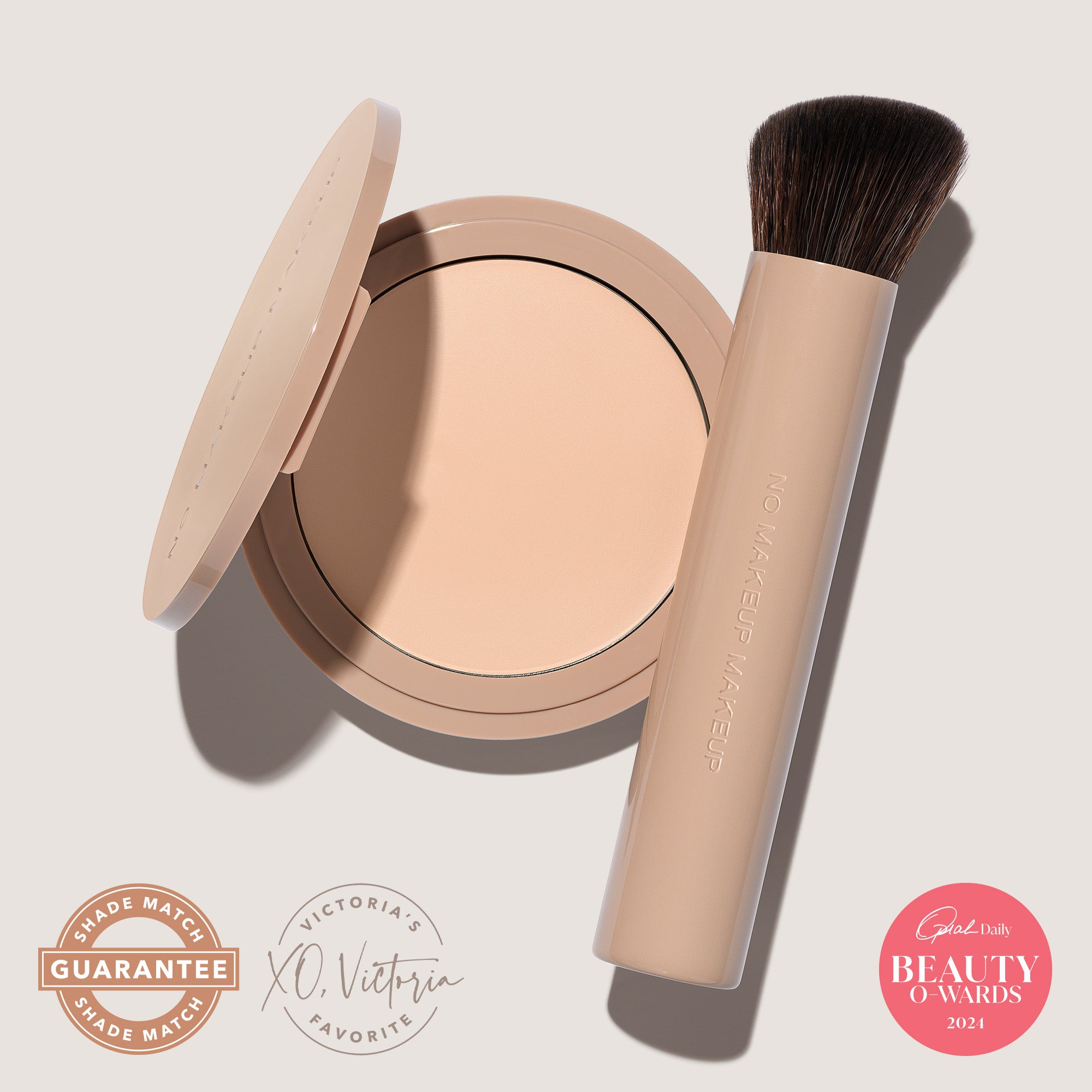 FlexShade Foundation by No Makeup Makeup compact in porcelain and brush, and Oprah Daily seal