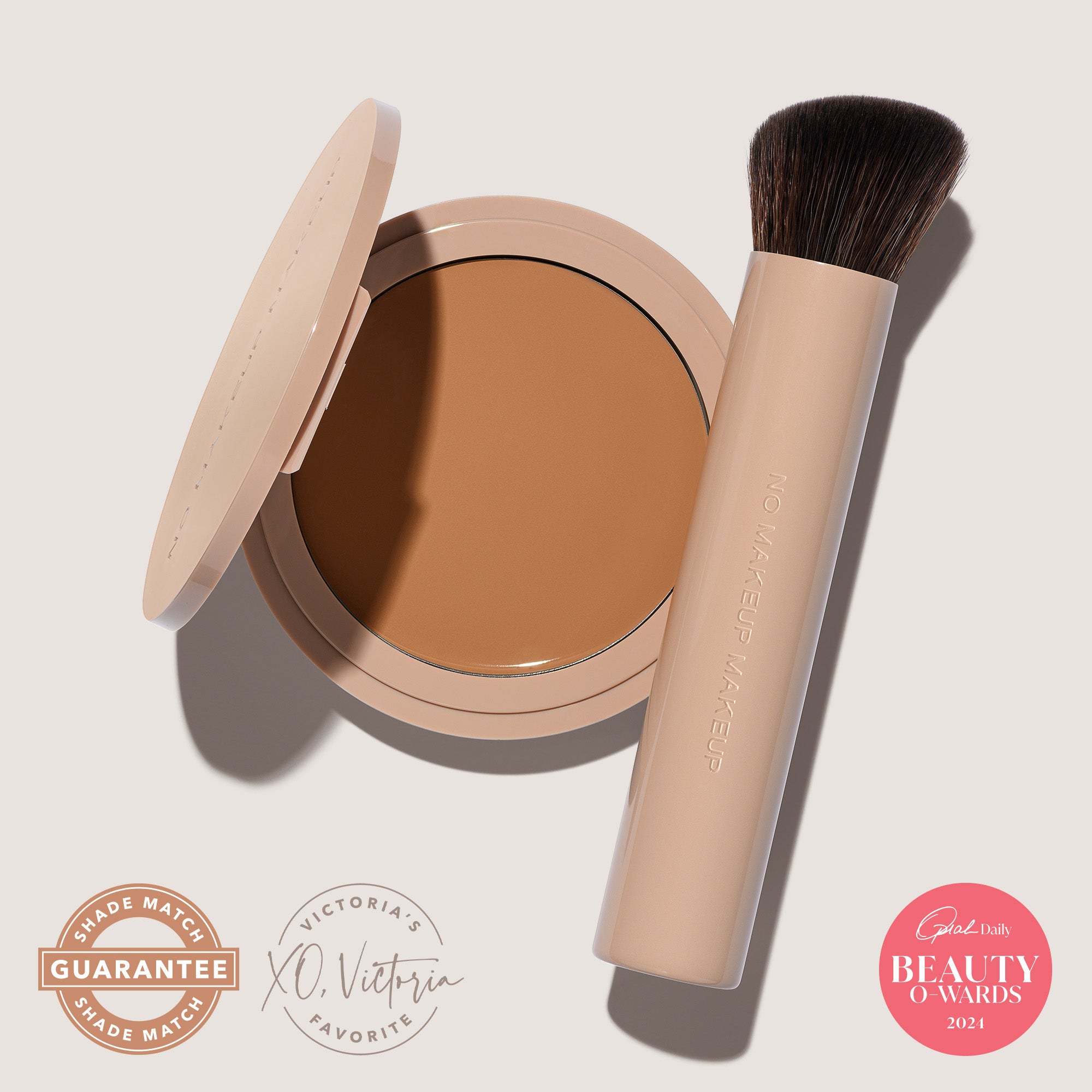 An open FlexShade Foundation by No Makeup Makeup compact in Tan and a brush with the Oprah Daily Beauty O-Wards 2024 seal