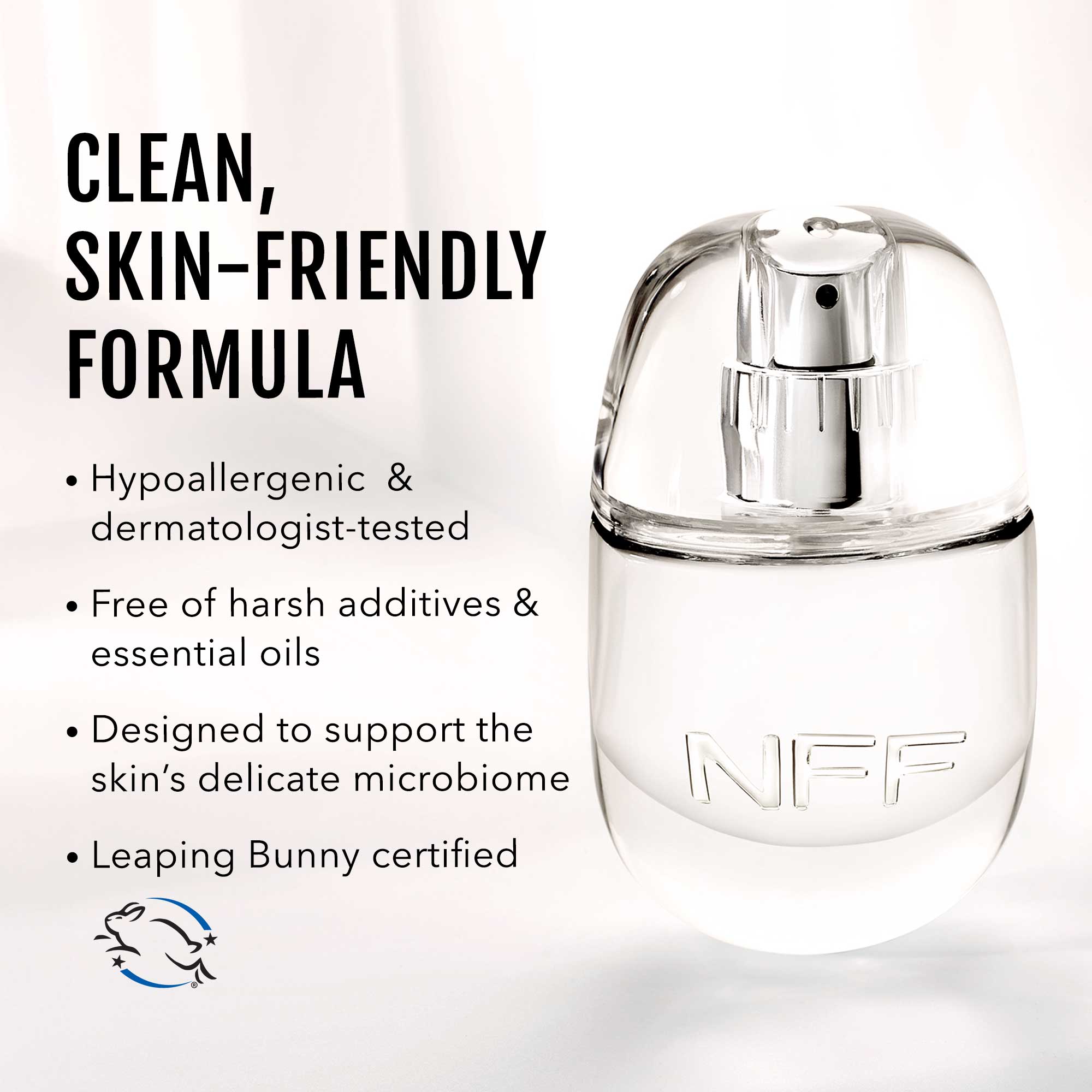 No Makeup Makeup – Clear bottle on a white background, featuring text about a clean, skin-friendly formula, natural minimal makeup