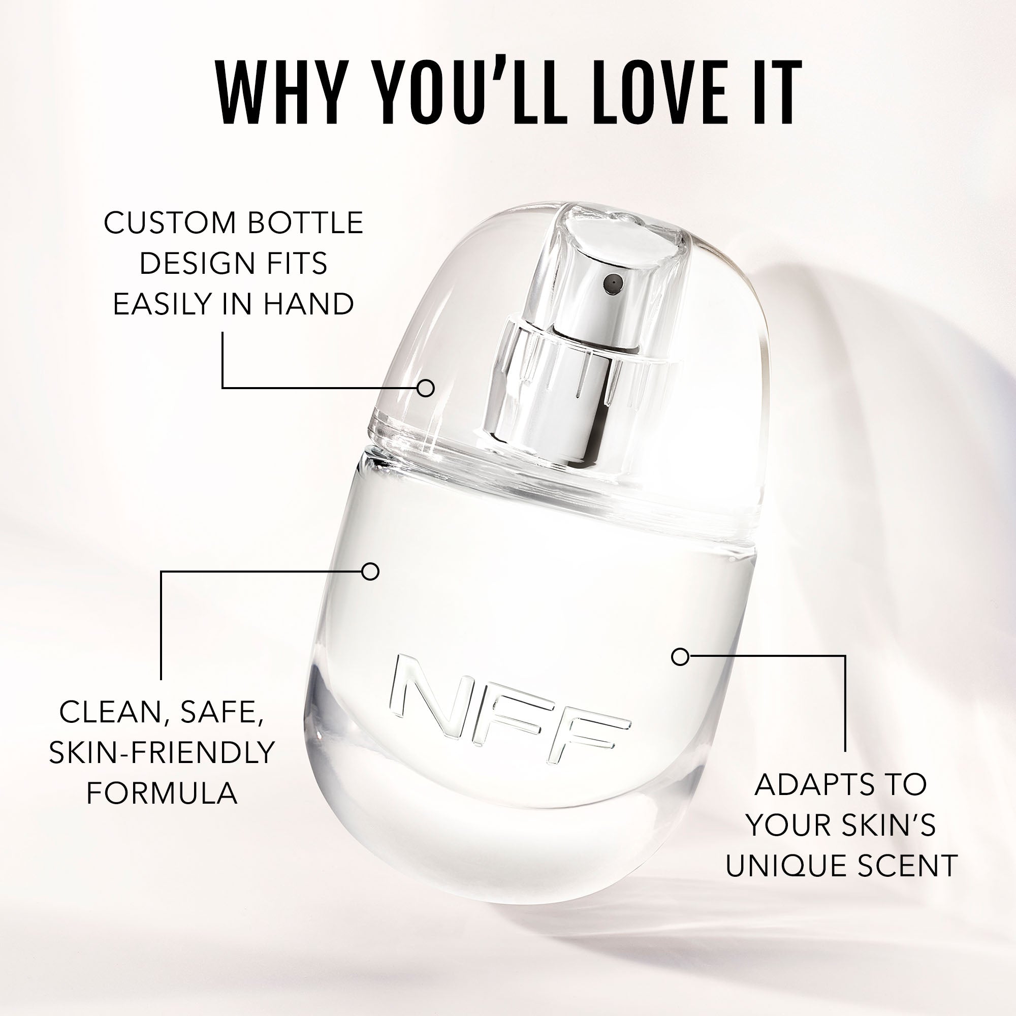 No Makeup Makeup – Clear spray bottle with No Fragrance Fragrance branding on a white background, featuring text about product features, natural minimal makeup