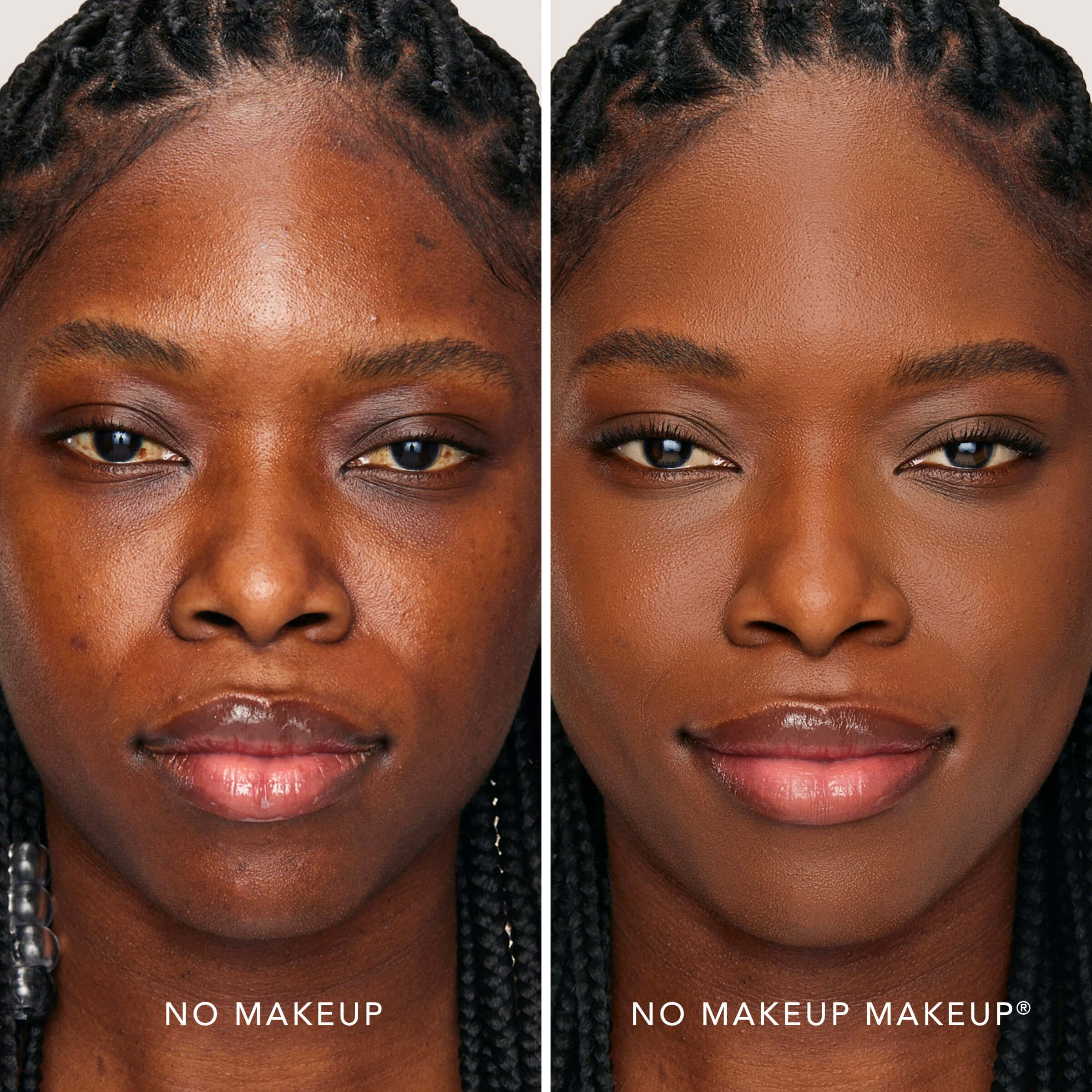 An image of a woman before and after applying FlexShade Foundation by No Makeup Makeup in Dark