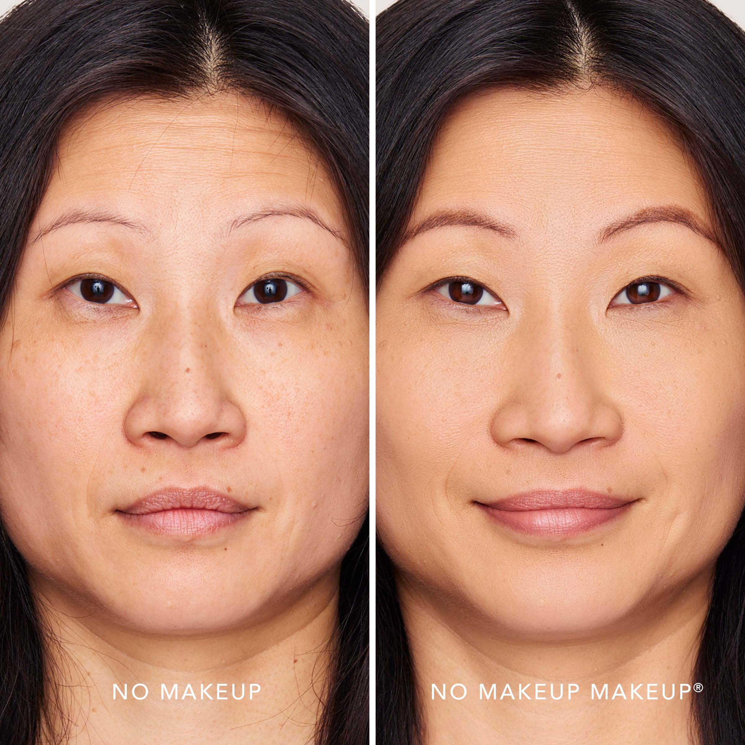 An image of a woman before and after applying FlexShade Foundation by No Makeup Makeup in Natural