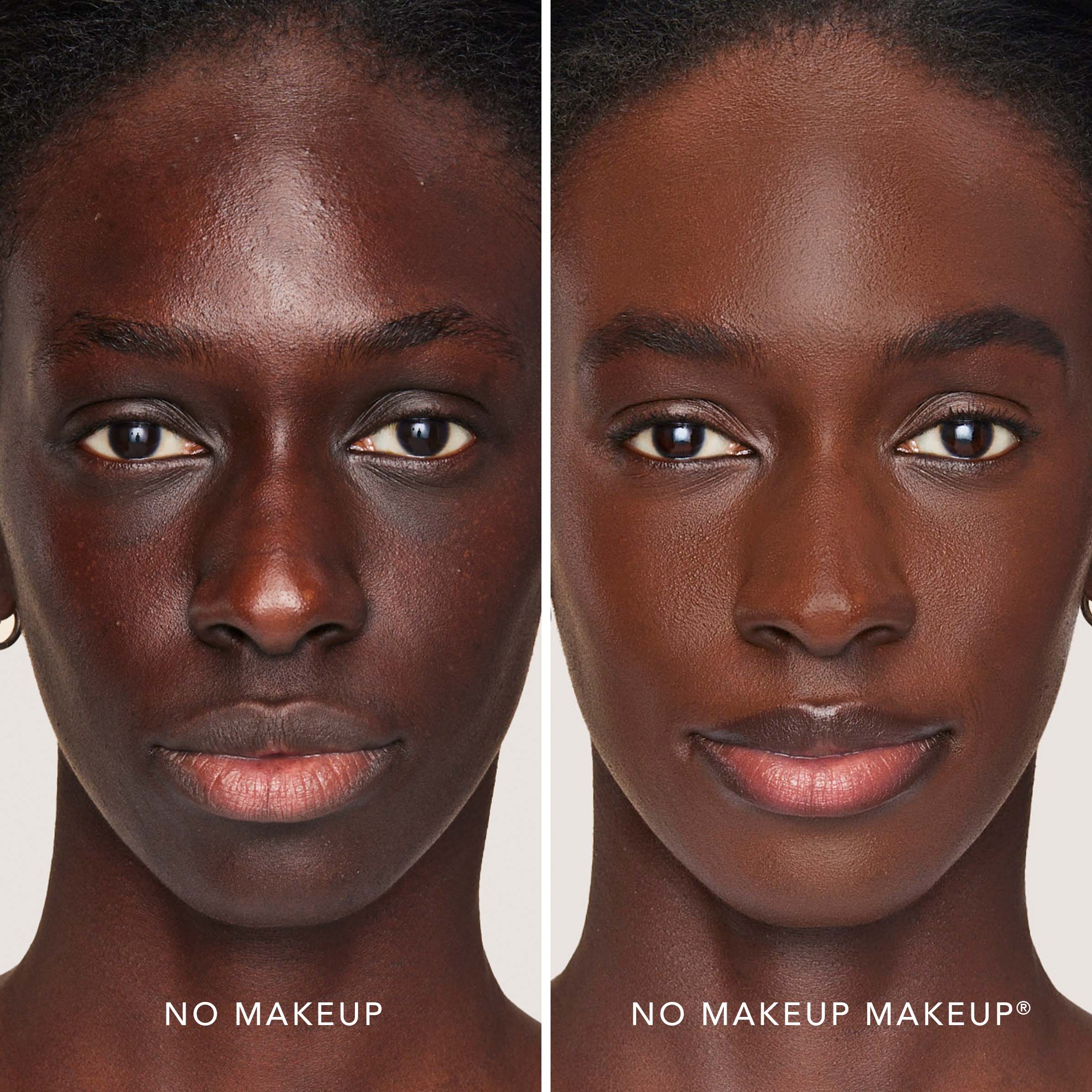 An image of a woman before and after applying FlexShade Foundation by No Makeup Makeup in Warm Deep
