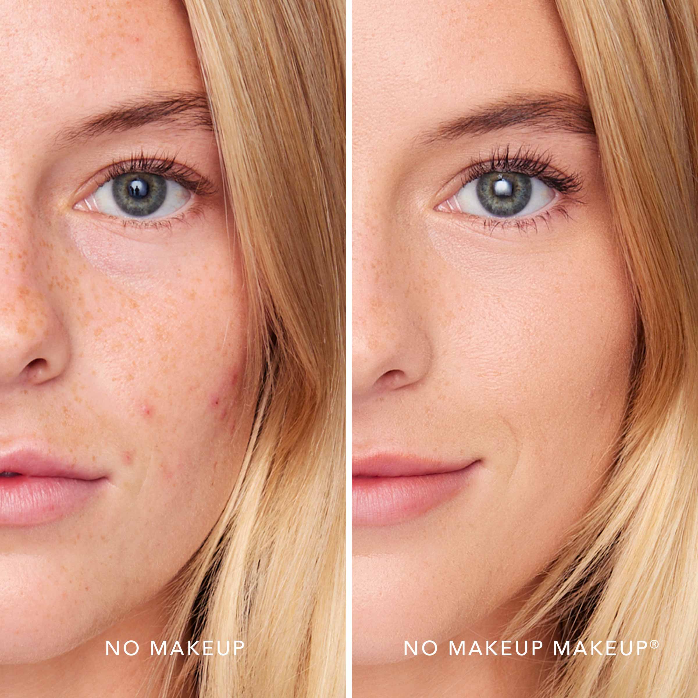 A split screen image of a woman before and after applying FlexShade Foundation by No Makeup Makeup in Fair