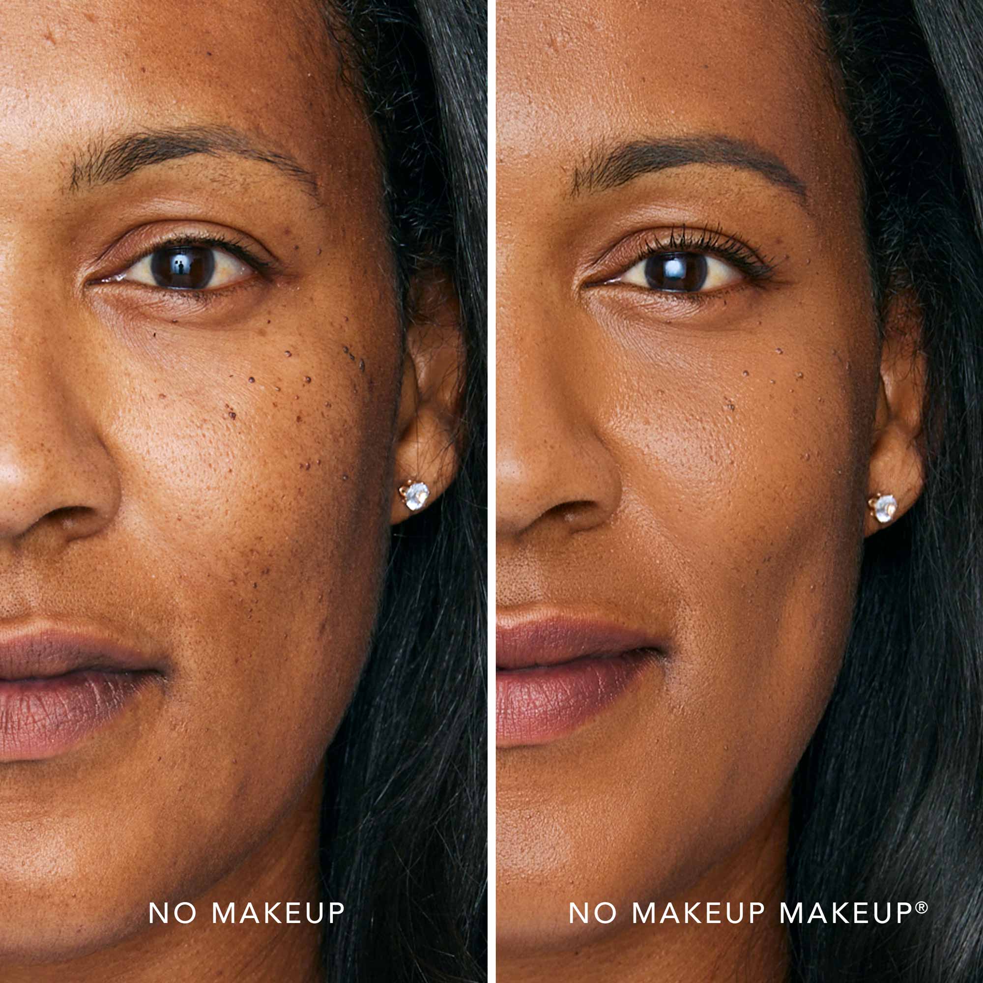 A split screen image of a woman before and after applying FlexShade Foundation by No Makeup Makeup in Mocha