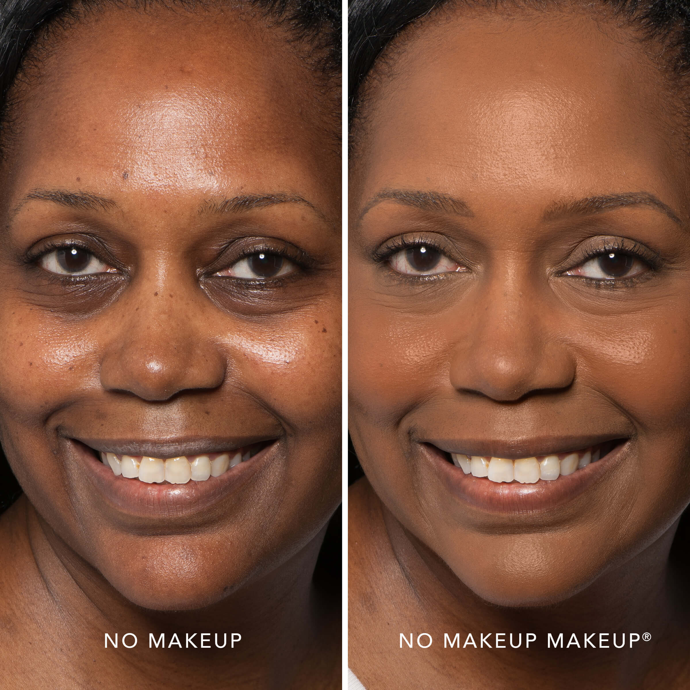 No Makeup Makeup – Side-by-side comparison of a woman's face with and without makeup in foundation shade mocha, natural minimal makeup