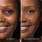 Side-by-side comparison of a woman's face with and without makeup in foundation shade mocha