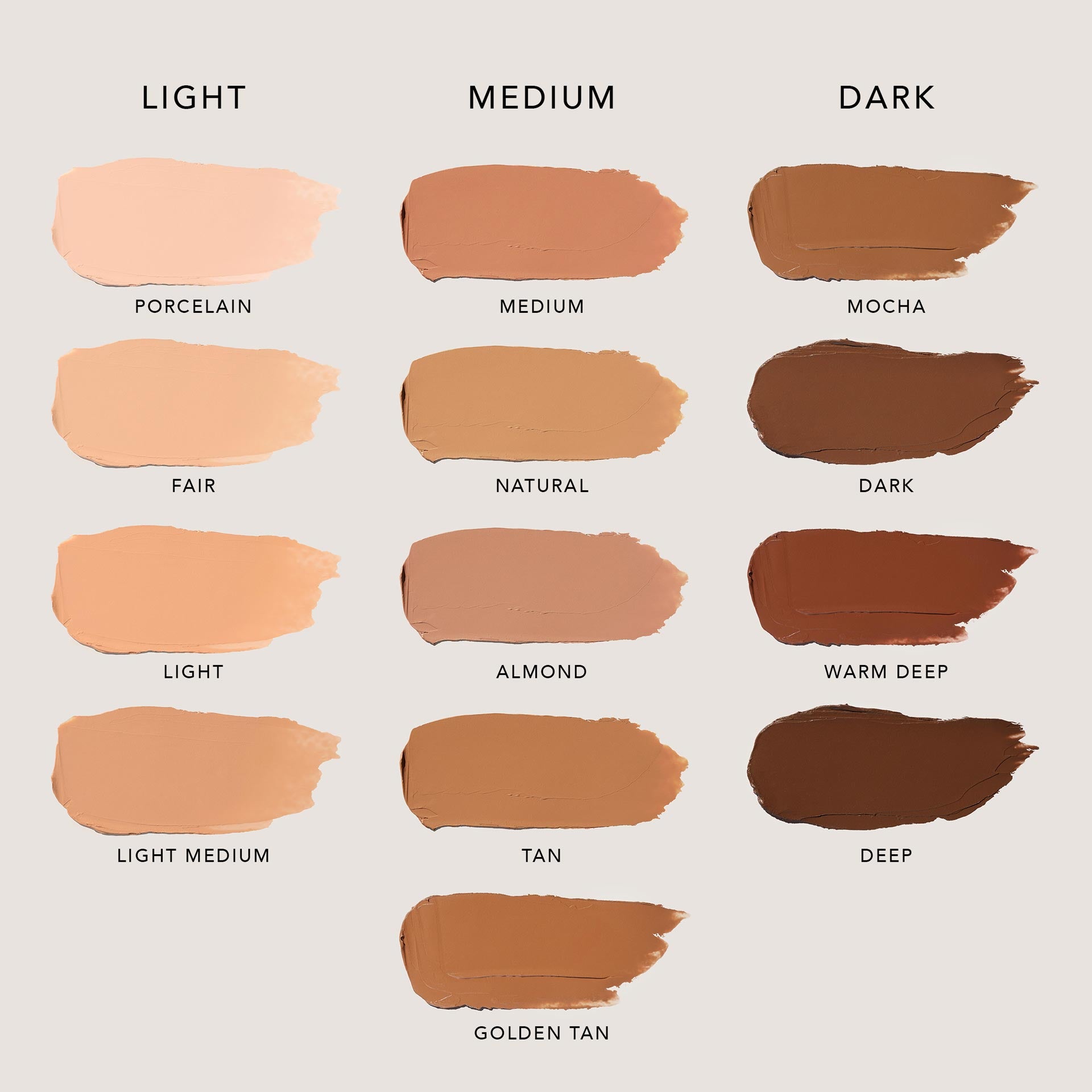 Swatches of all FlexShade Foundation by No Makeup Makeup shades, light, medium, and dark