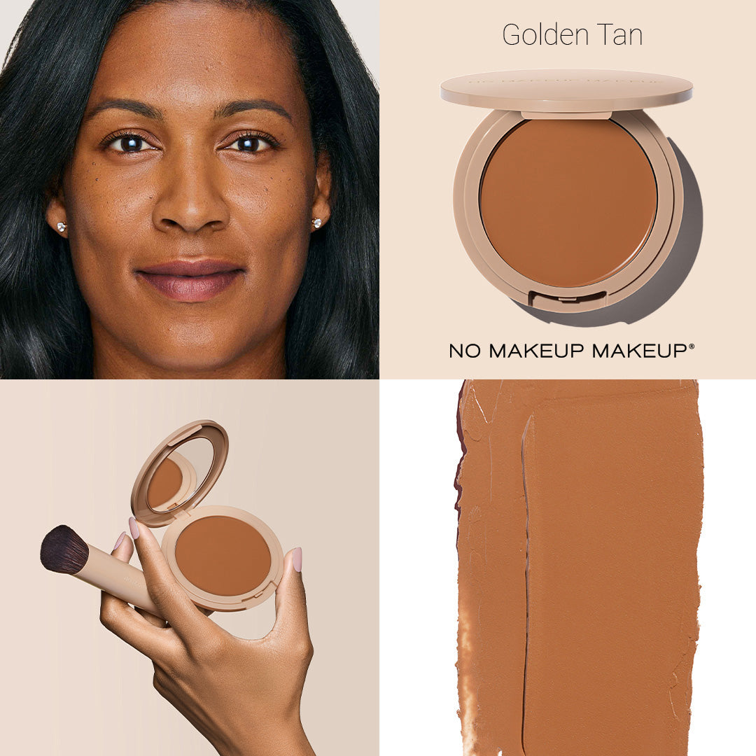 No Makeup Makeup – Cosmetic compact with 'Golden Tan' shade, a woman's face, and a hand holding the compact, natural minimal makeup