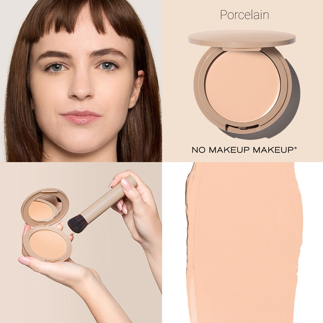 No Makeup Makeup – Makeup product with a model, open product, and Porcelain swatch on a beige background, natural minimal makeup