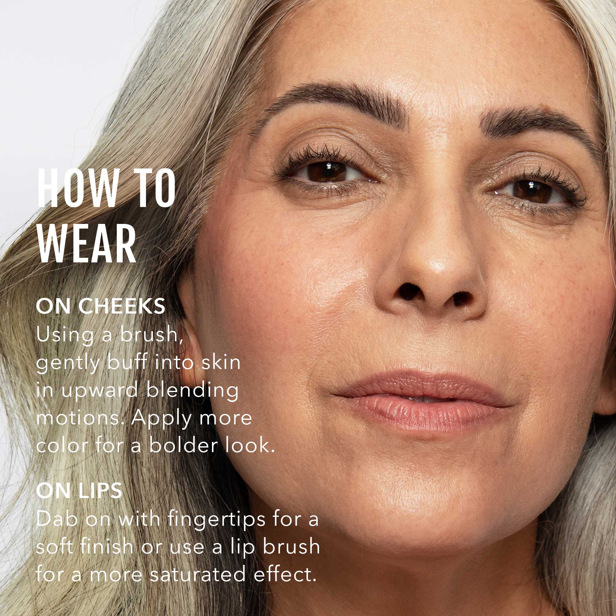 Close-up of a woman's face with makeup application instructions on cheeks and lips wearing pink.