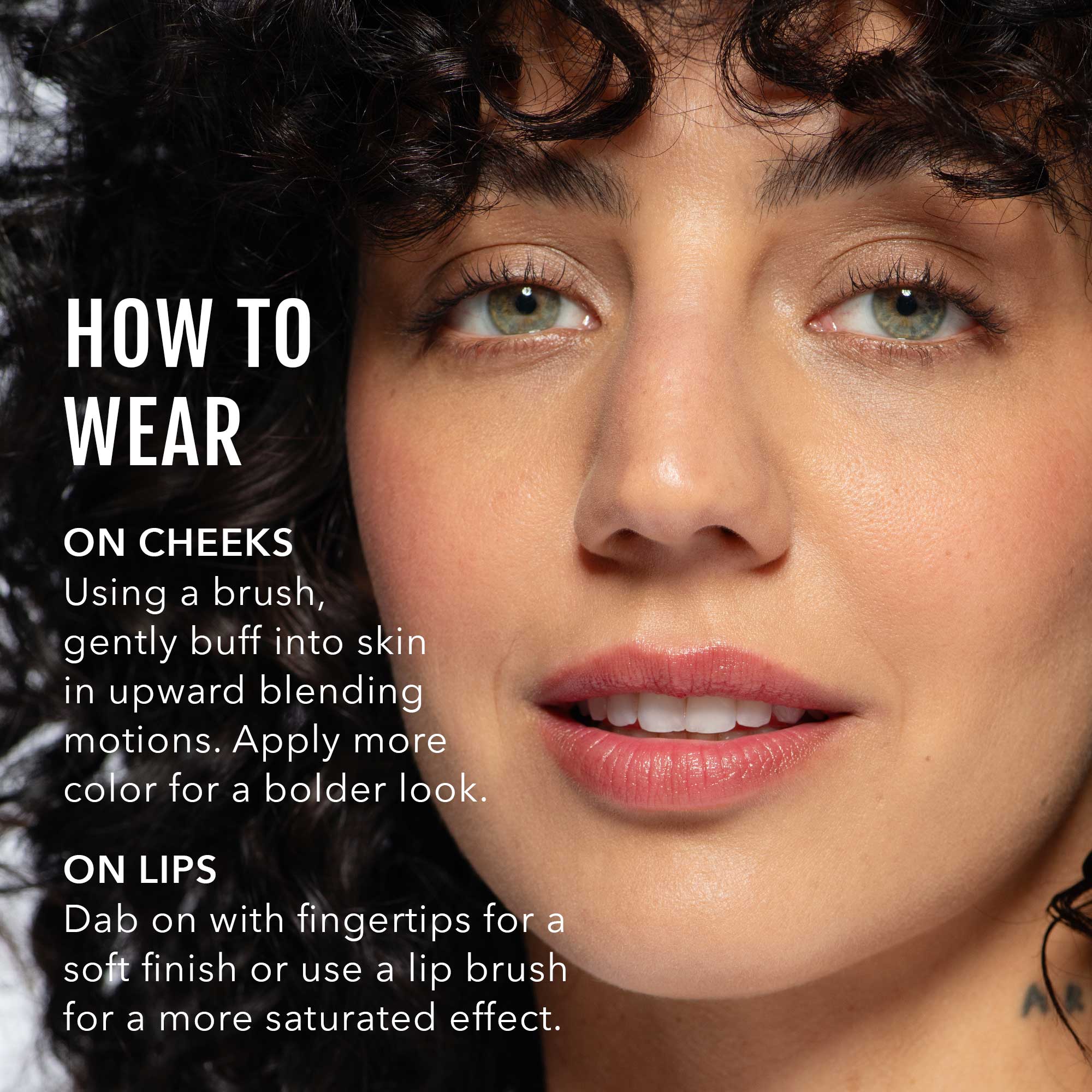 No Makeup Makeup – Close-up of a woman's face with plum blush application instructions on cheeks and lips, natural minimal makeup