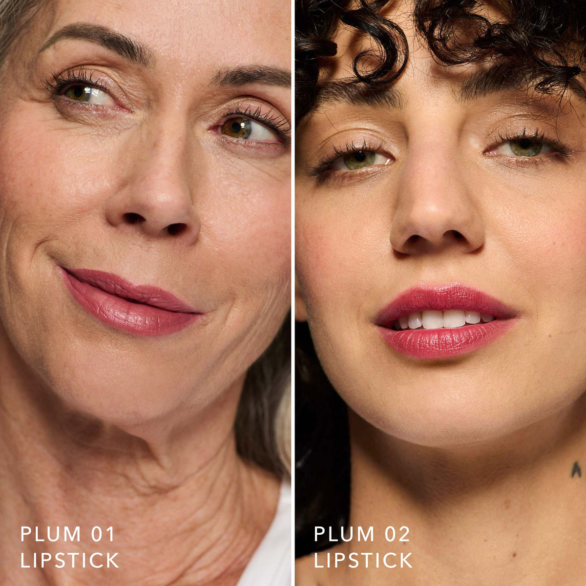 Models wearing No Makeup Makeup® Crème Classic Lipstick in Plum 01 and Plum 02.