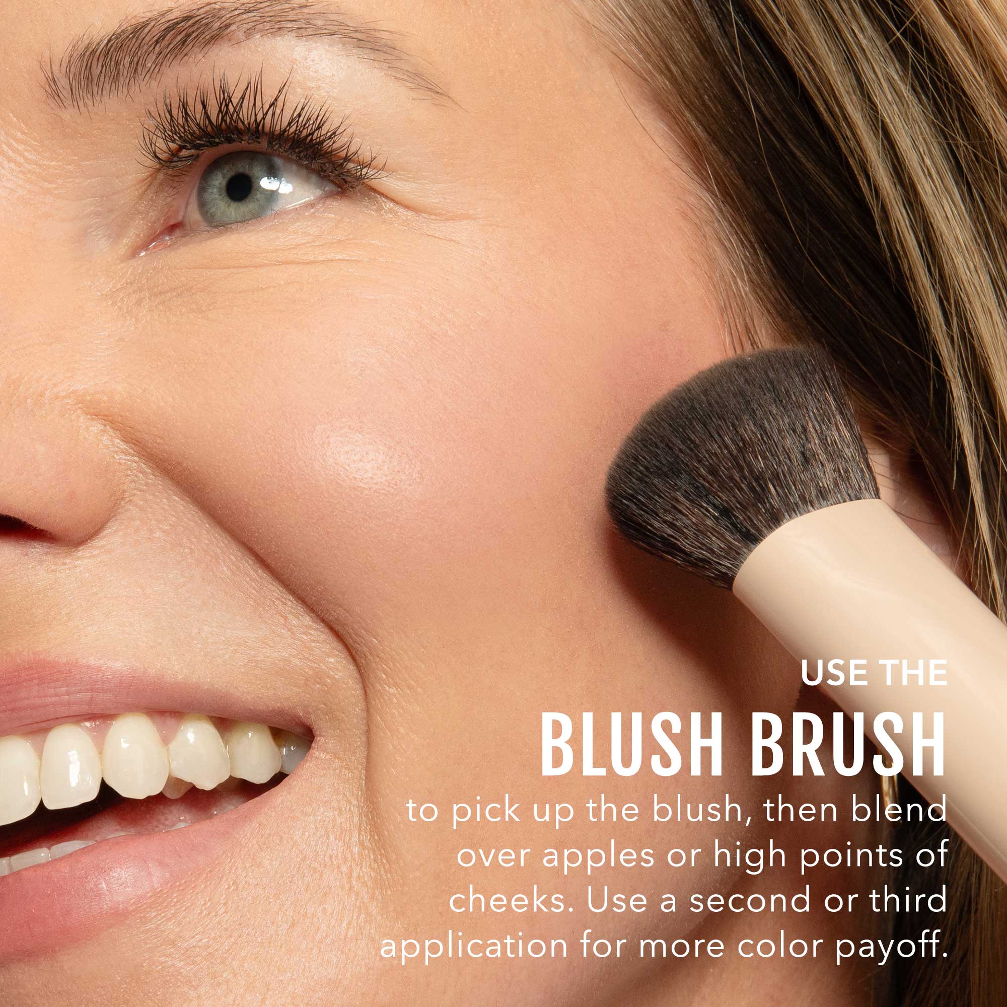 No Makeup Makeup – Close-up of a woman applying pink blush with a brush, with text on how to use the brush, natural minimal makeup