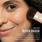 Woman applying peach blush with a brush, text overlaid with instructions