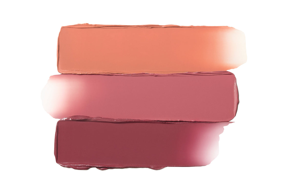 Universally flattering, cream-balm No Makeup Makeup® swatches in Peach, Pink and Plum. 
