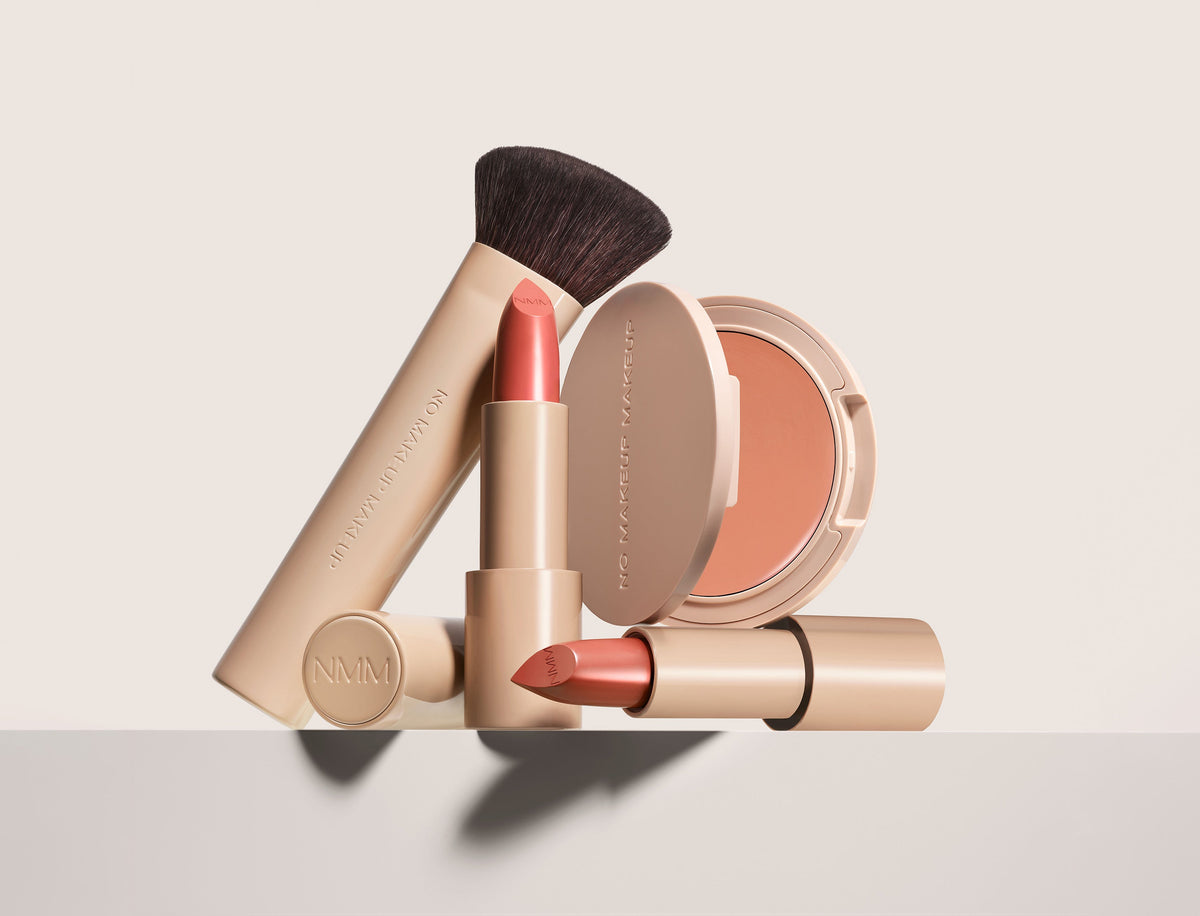 No Makeup Makeup® Peach Blush & Lip and Lipstick products on a white background