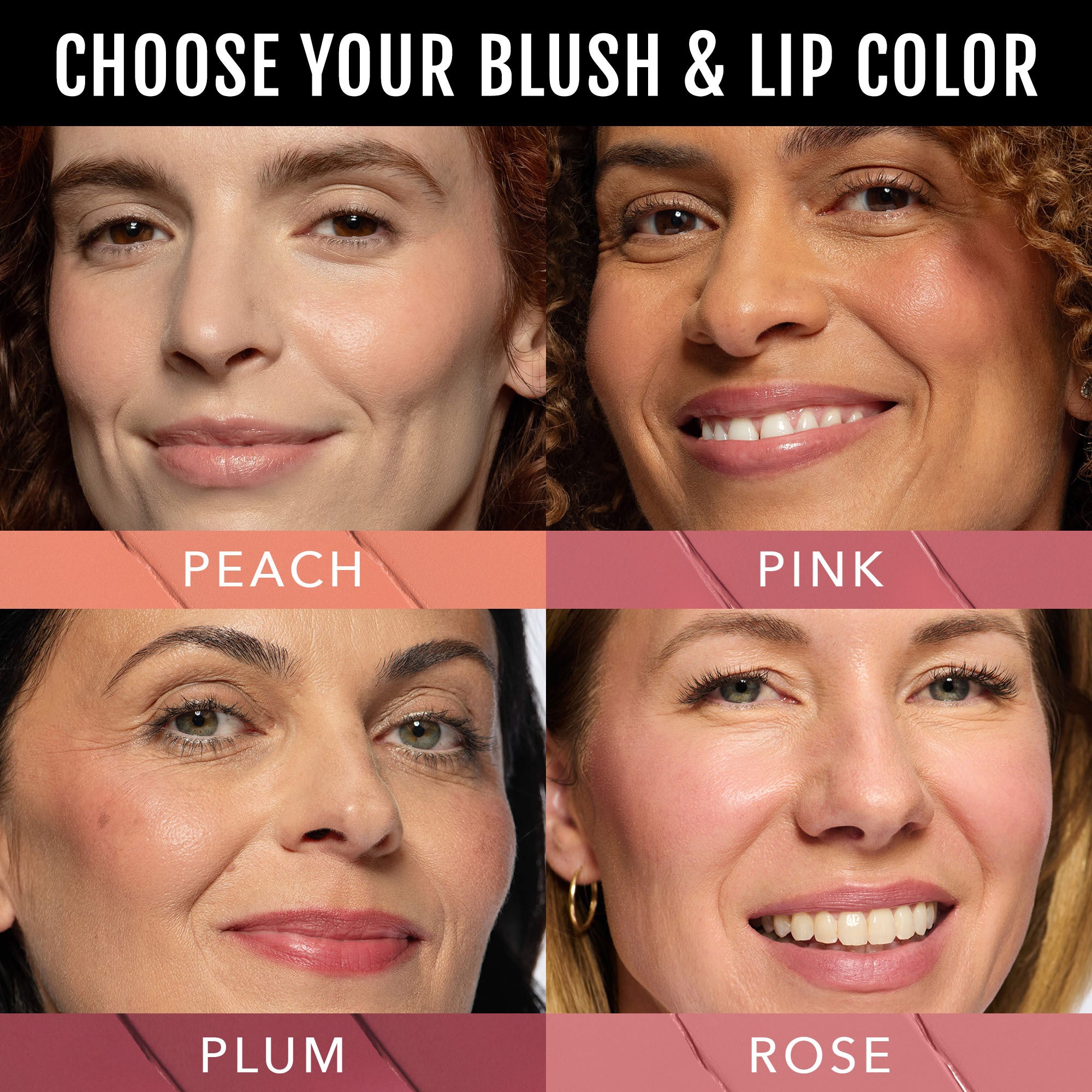Facial close-ups with different blush & lip color shades labeled Peach, Pink, Plum, and Rose.