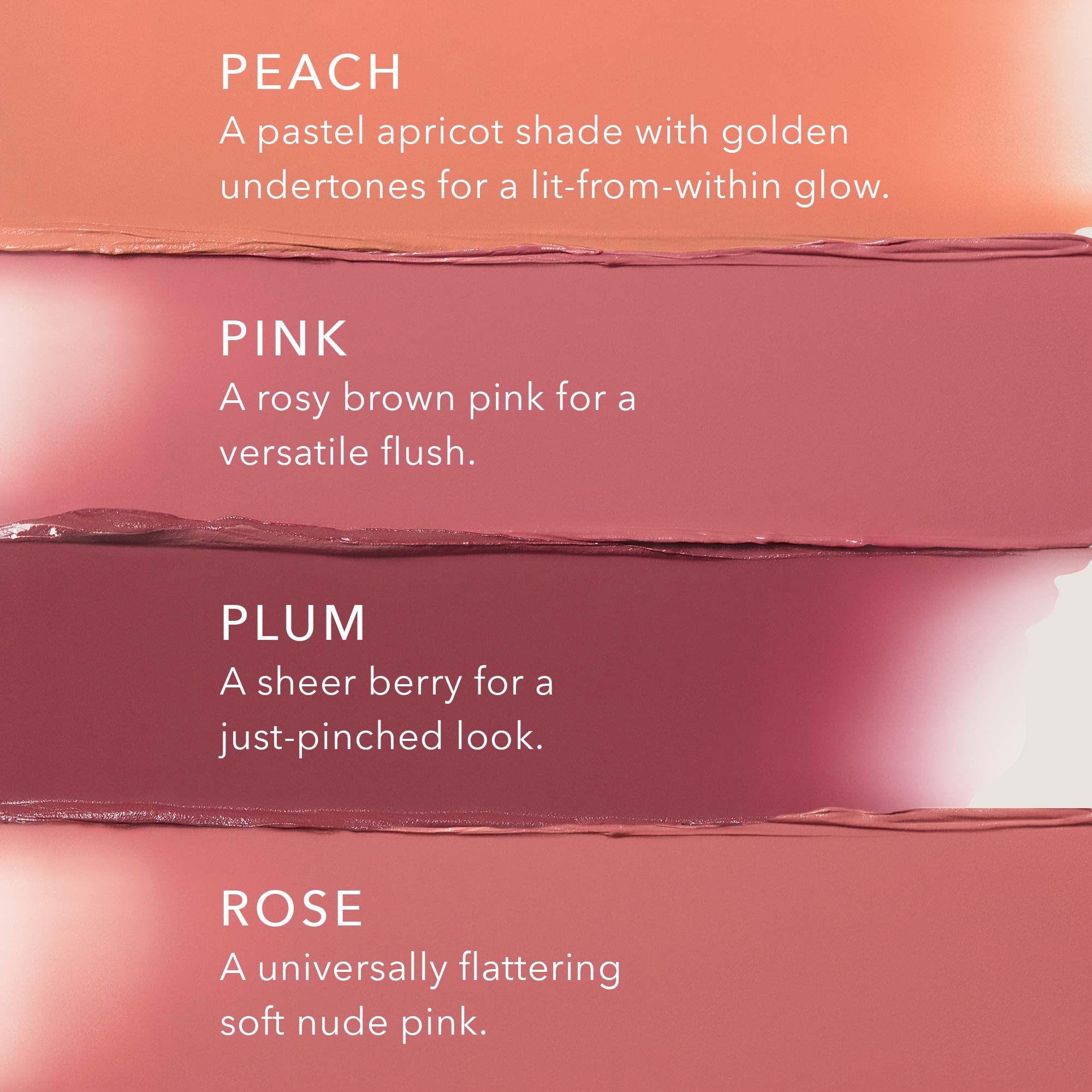 No Makeup Makeup – Blush swatches labeled 'Peach', 'Pink', 'Plum' and 'Rose' with descriptions, natural minimal makeup