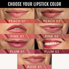 Creme Classic Lipstick colors on women's lips with labels Peach )1, Peach 02, Pink 01, Pink 02, Plum 01, Plum 02, Rose 01.