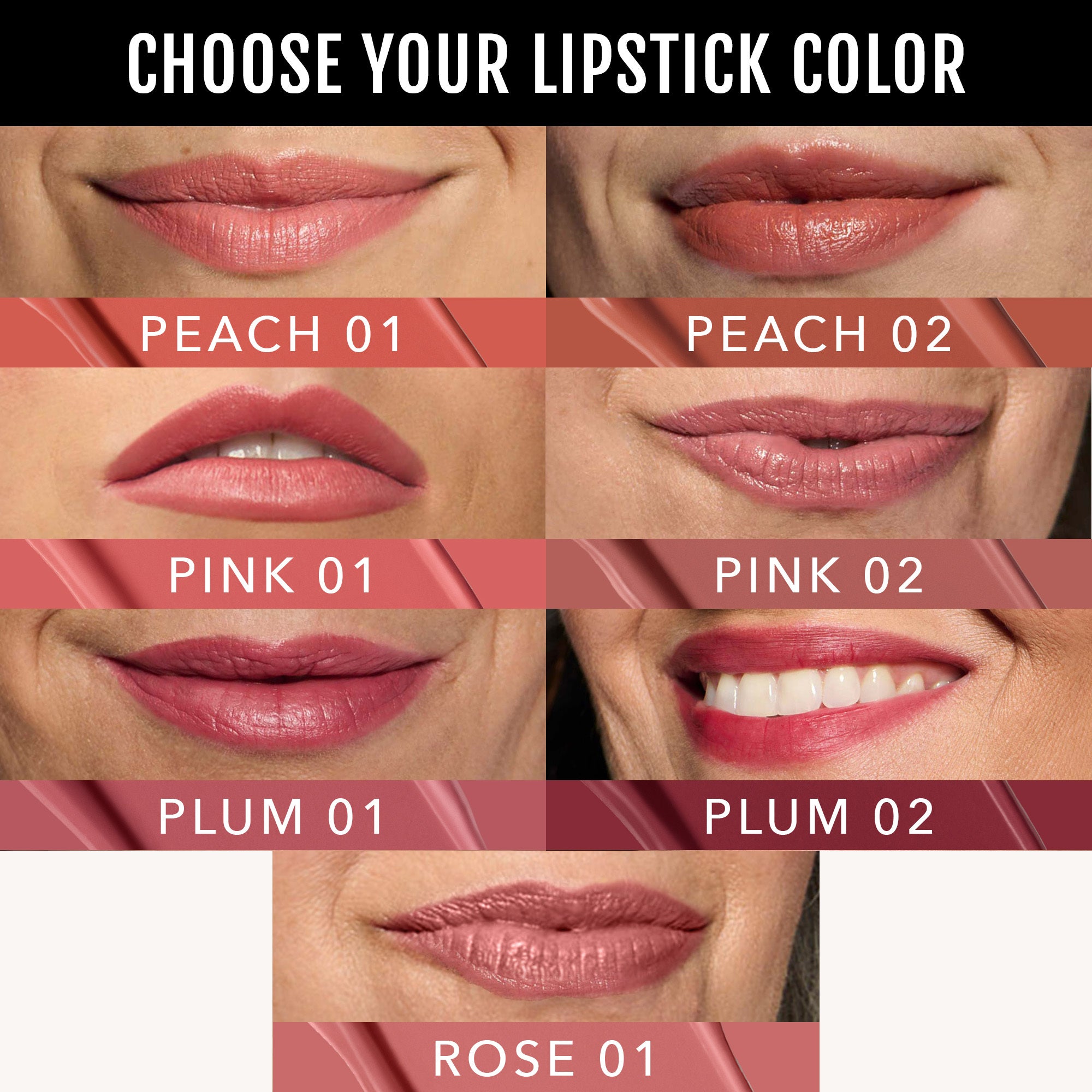 Creme Classic Lipstick colors on women's lips with labels Peach )1, Peach 02, Pink 01, Pink 02, Plum 01, Plum 02, Rose 01.
