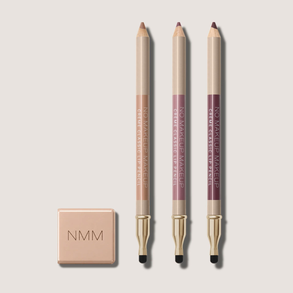 No Makeup Makeup Creme Classic Lip Pencils in Plum, Pink, and Peach with sharpener