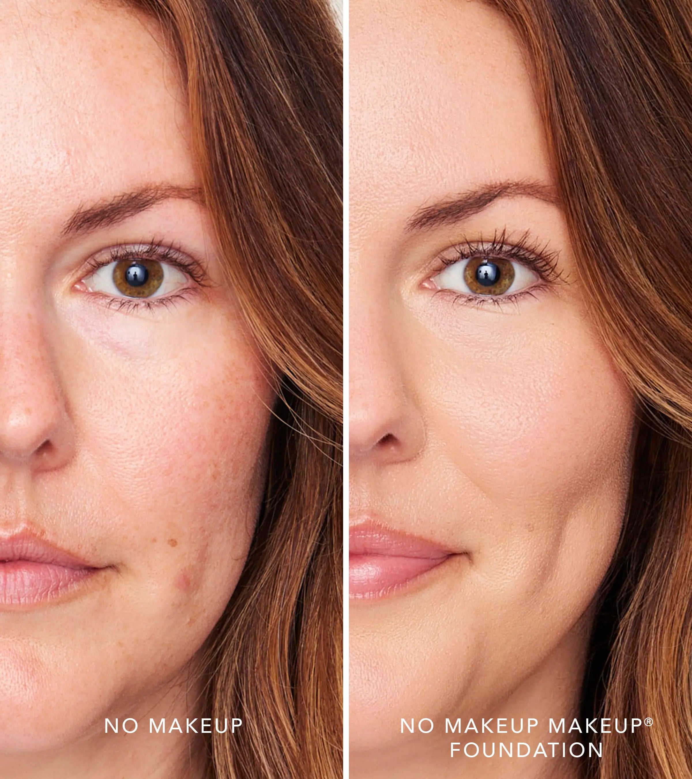 A split screen image of a woman before and after applying FlexShade Foundation by No Makeup Makeup in Light Medium