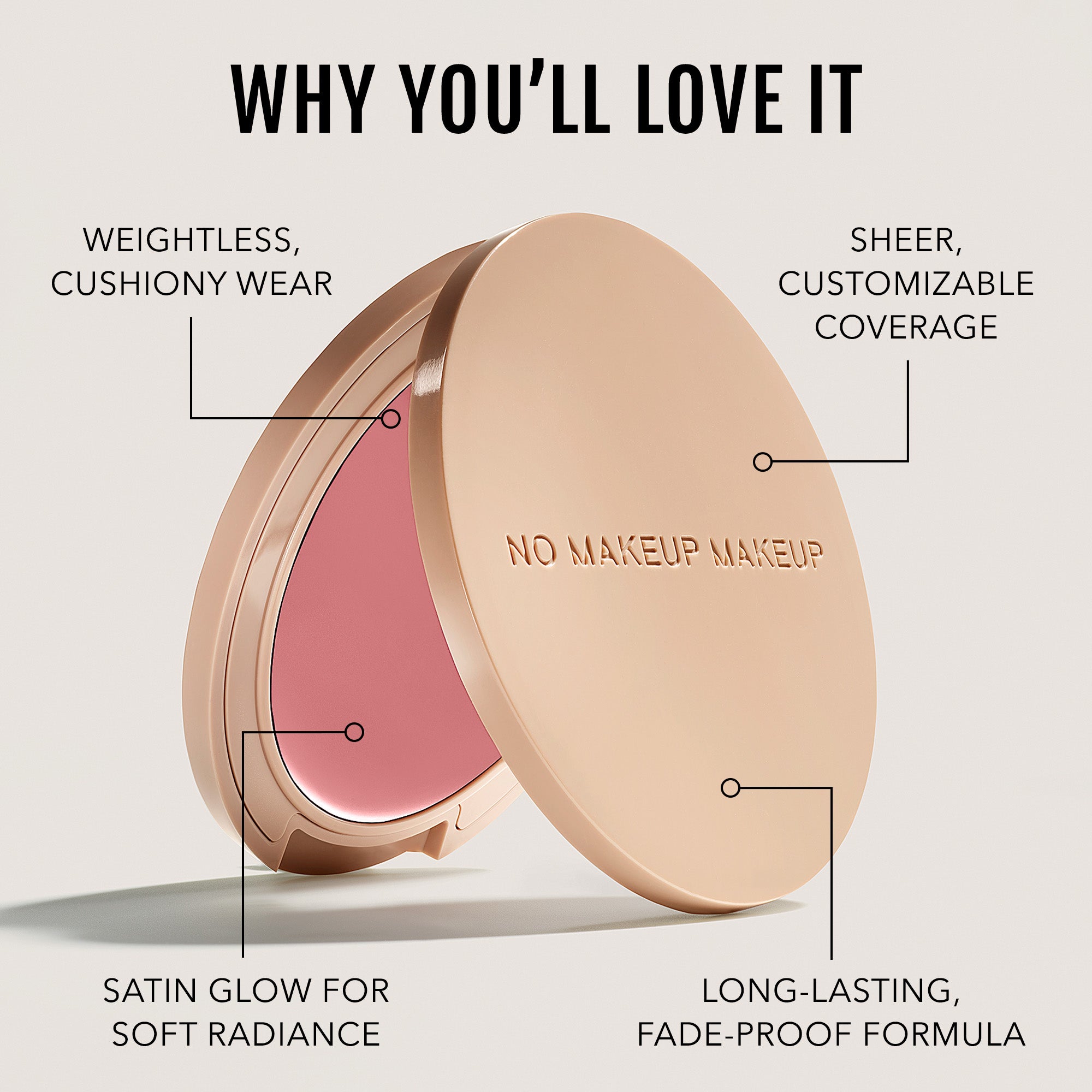 No Makeup Makeup – Compact makeup product with open lid showing Nude Rose blush, labeled features, natural minimal makeup