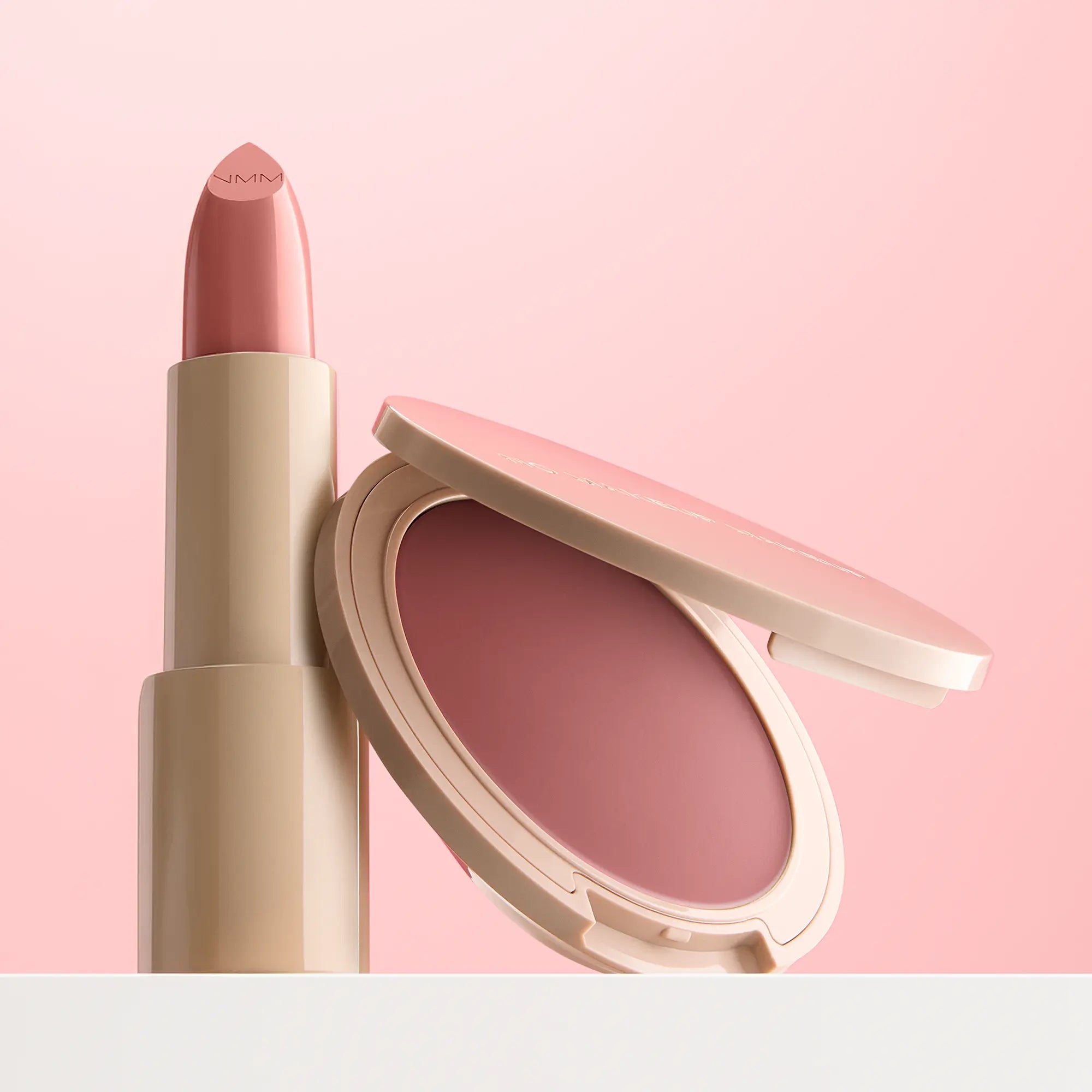 No Makeup Makeup – rose Creme Classic Lipsticks and blush on a pink background, natural minimal makeup