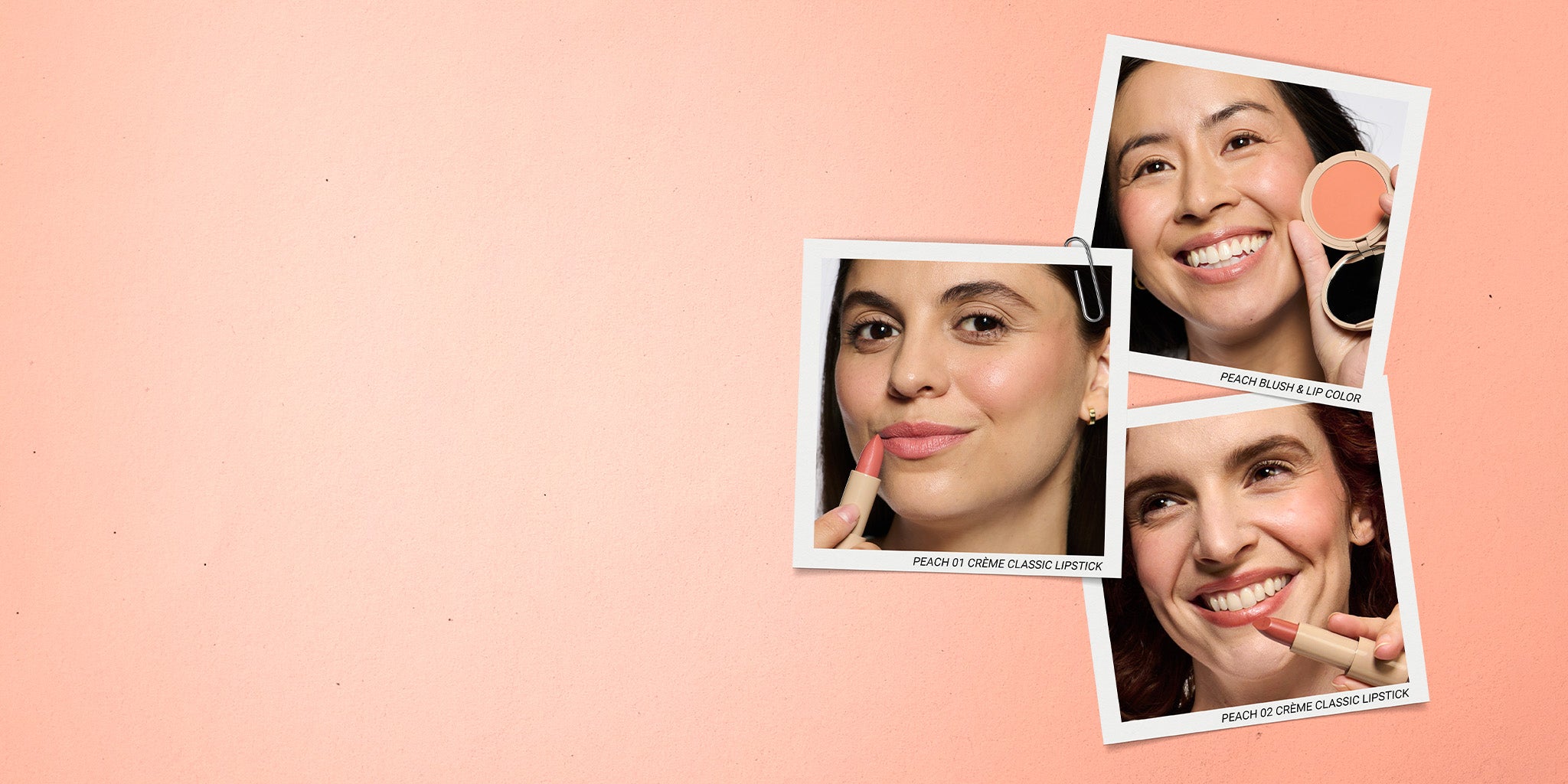 Women Holding No Makeup Makeup Peach 02 Creme Classic Lipstick, Peach Blush & Lip Color, and Peach 01 Creme Classic Lipstick