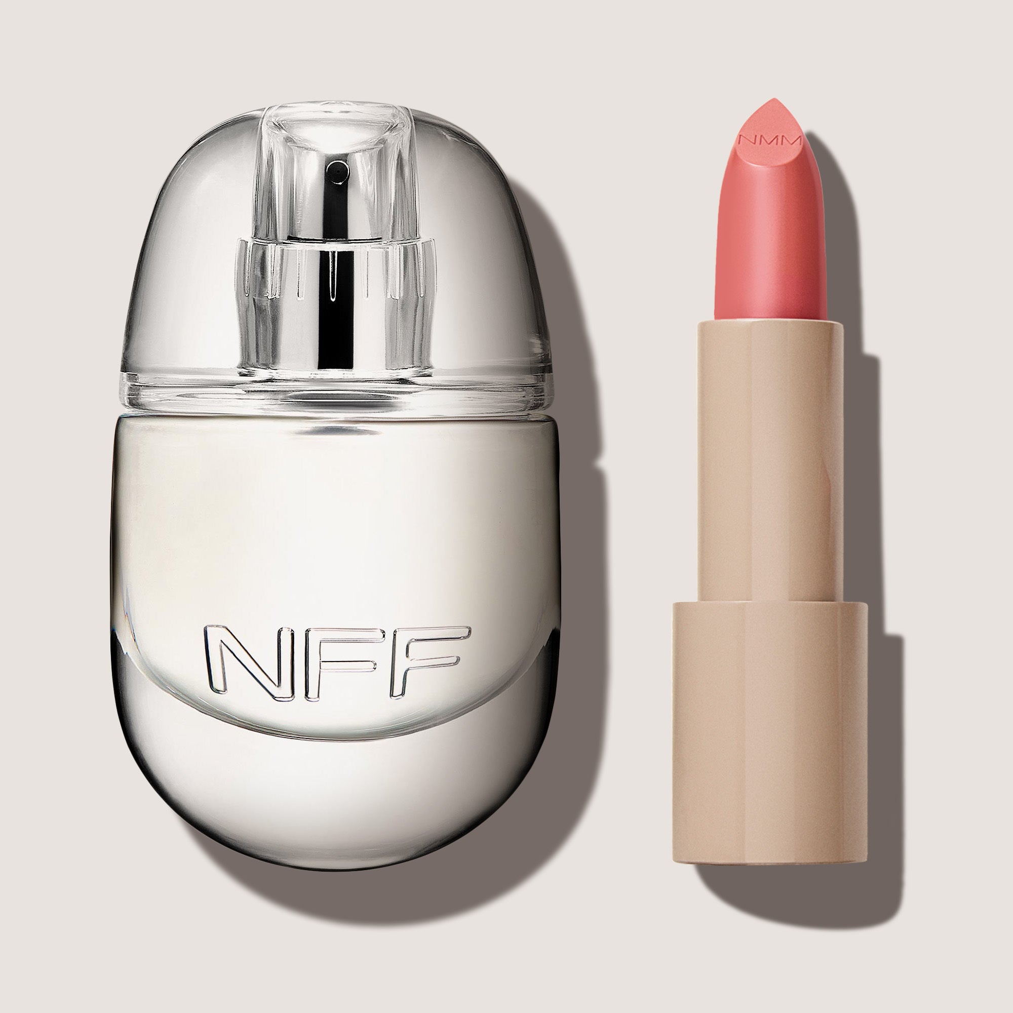 No Makeup Makeup – Makeup set with creme classic lipstick and No Fragrance Fragrance on a light background, natural minimal makeup