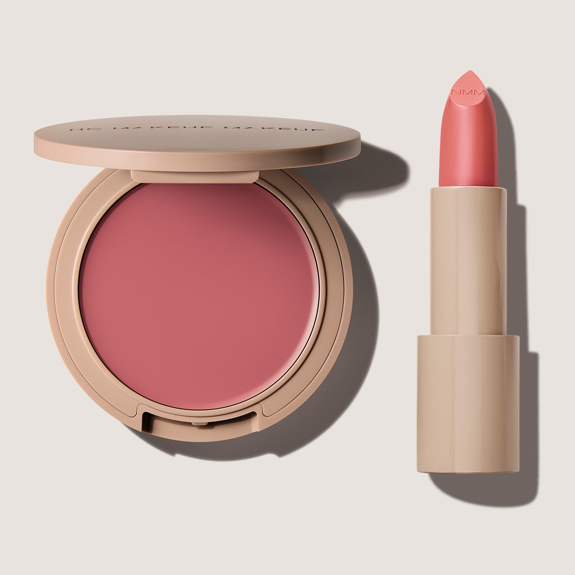 No Makeup Makeup – Makeup set with blush & lip color, and Creme Classic Lipstick on a light background, natural minimal makeup