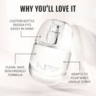 No Makeup Makeup – Clear spray bottle with No Fragrance Fragrance branding on a white background, featuring text about product features, natural minimal makeup