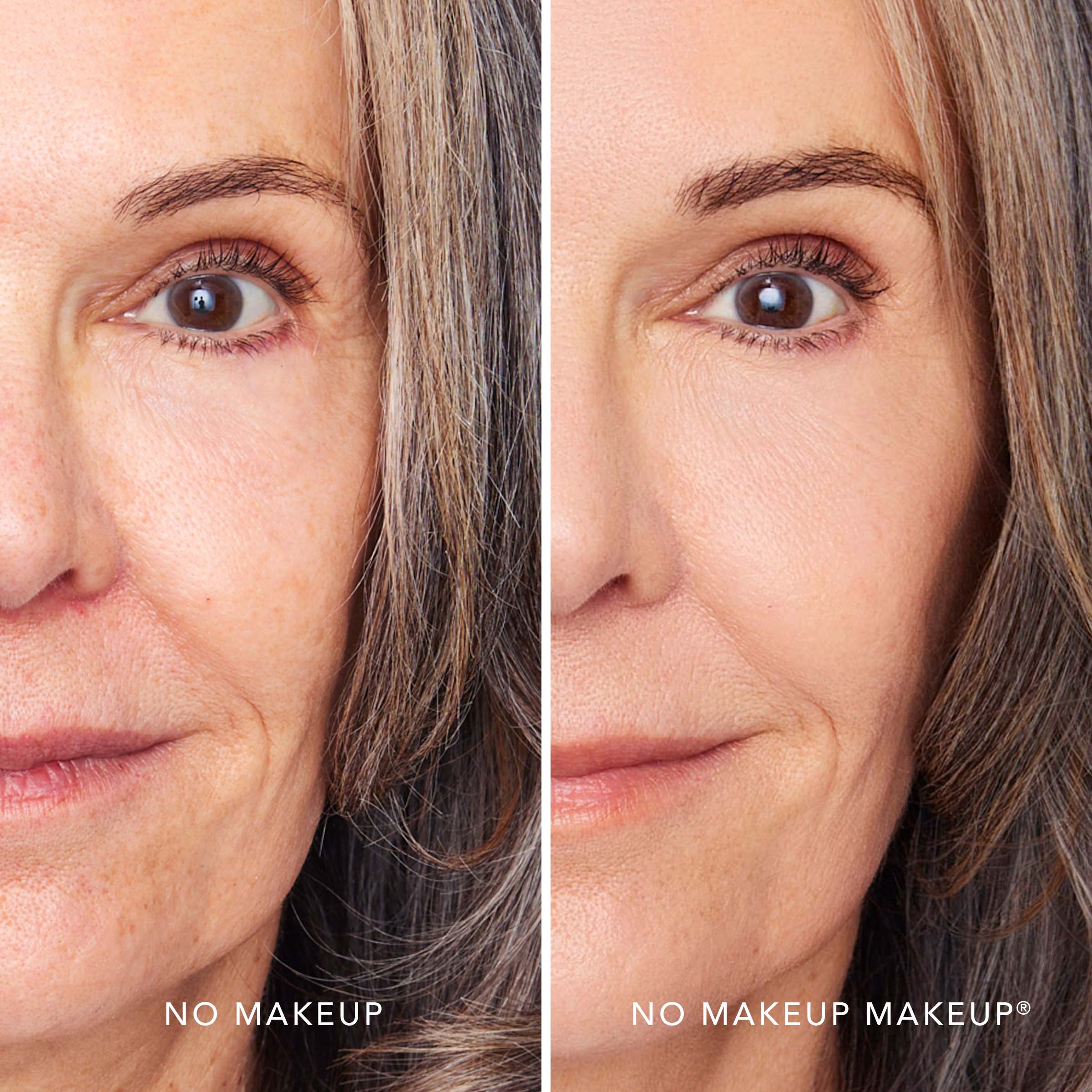 A split screen image of a woman before and after applying FlexShade Foundation by No Makeup Makeup in Fair