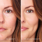 A split screen image of a woman before and after applying FlexShade Foundation by No Makeup Makeup in Light Medium