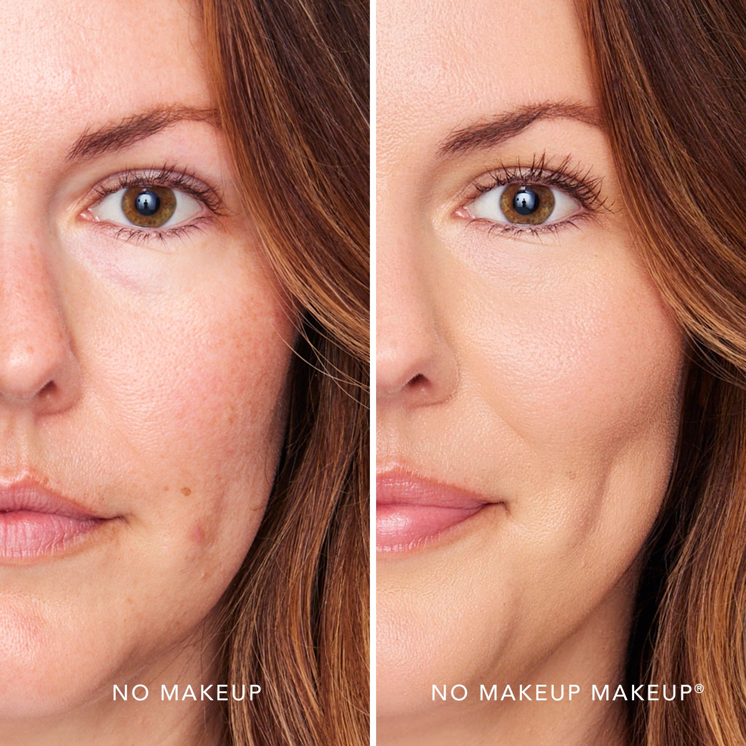 A split screen image of a woman before and after applying FlexShade Foundation by No Makeup Makeup in Light Medium